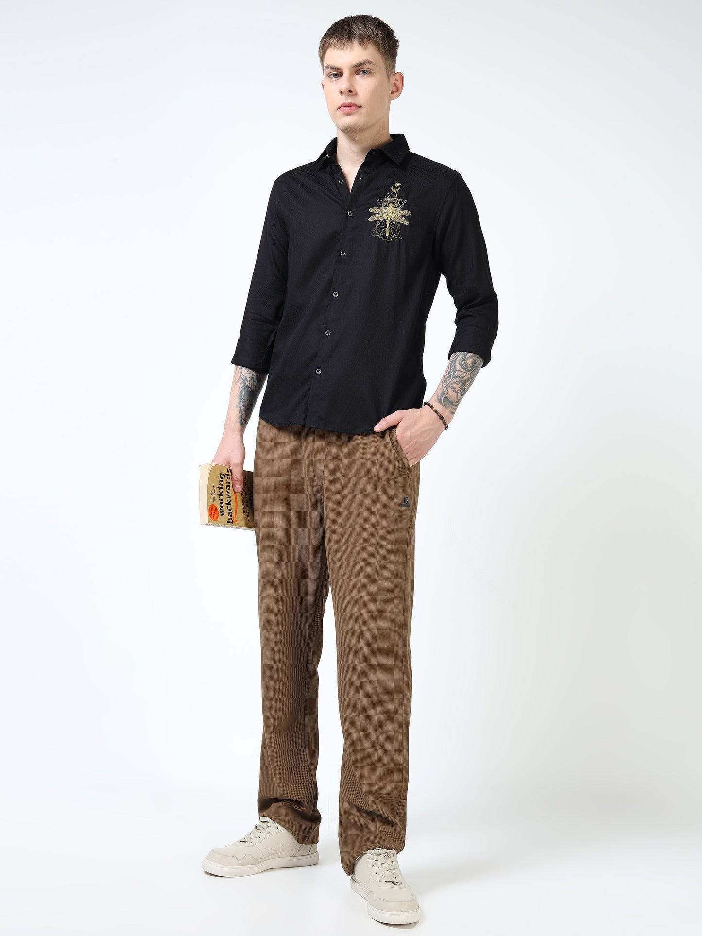 Men’s Black Textured Cotton Casual Shirt with Golden Dragonfly Embroidery