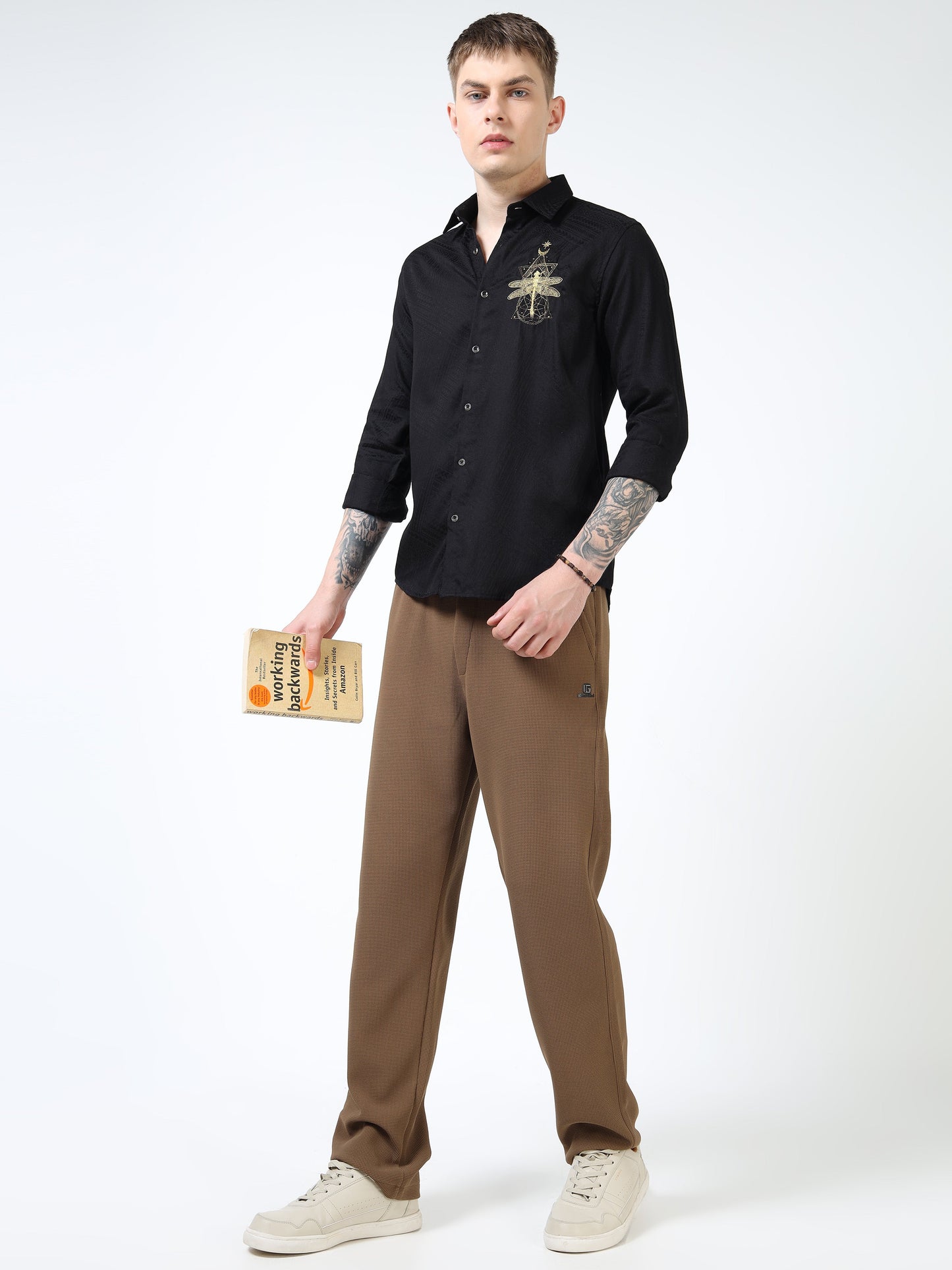 Men’s Black Textured Cotton Casual Shirt with Golden Dragonfly Embroidery