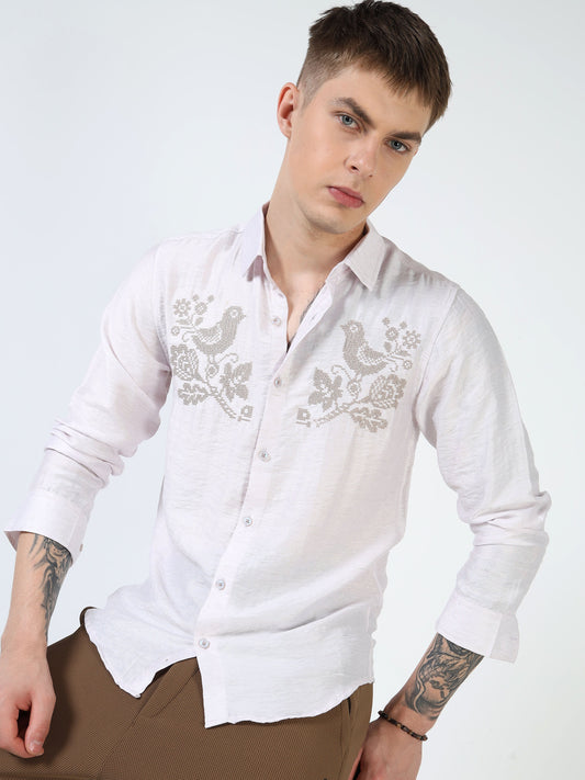 Men’s Light Lavender Textured Cotton Casual Shirt with Bird Embroidery