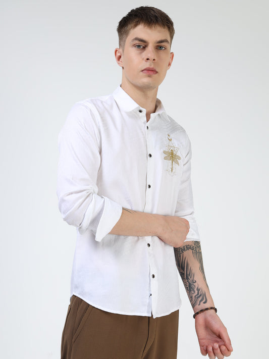 Men’s White Textured Cotton Casual Shirt with Golden Dragonfly Embroidery