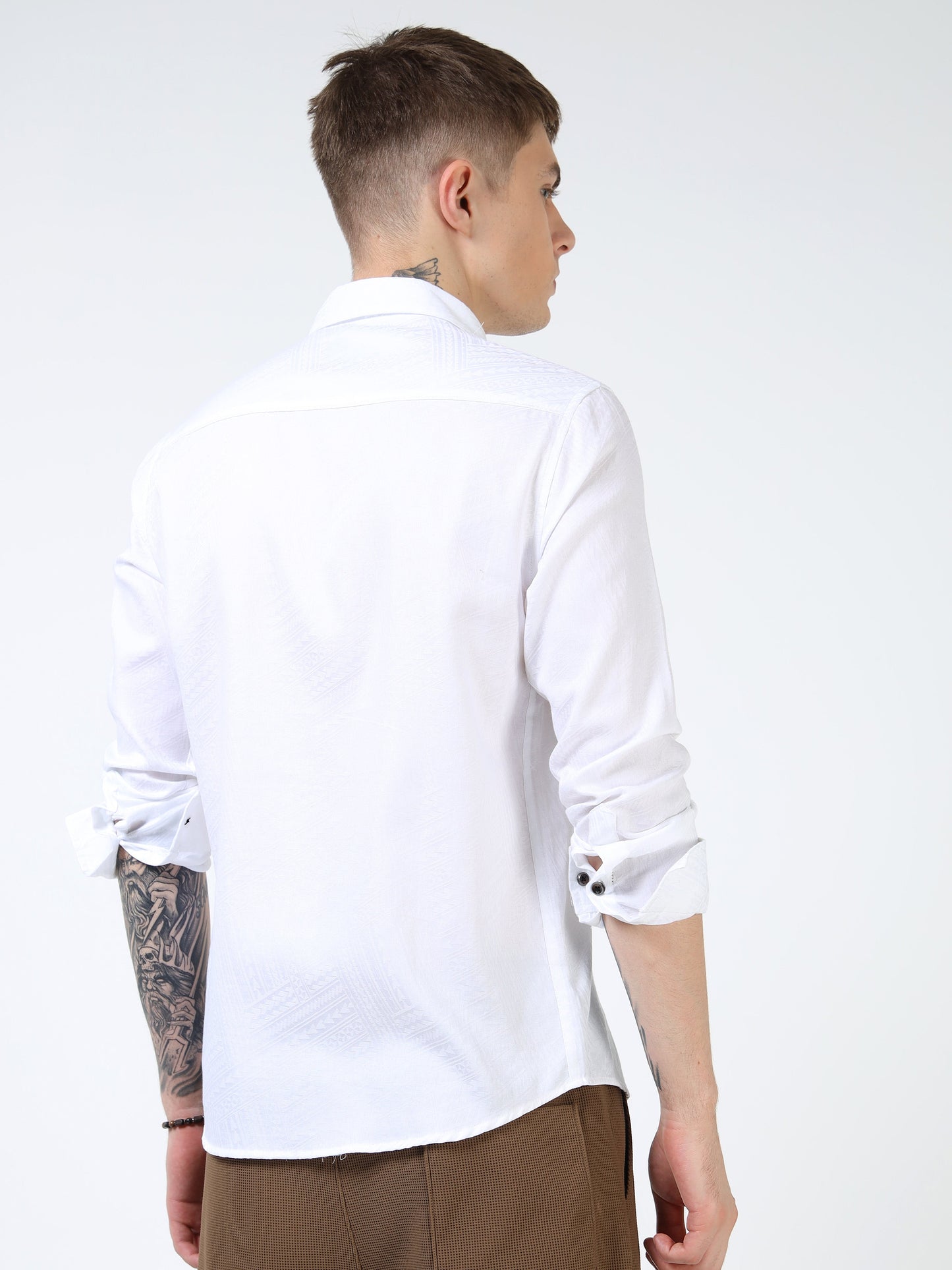 Men’s White Textured Cotton Casual Shirt with Golden Dragonfly Embroidery