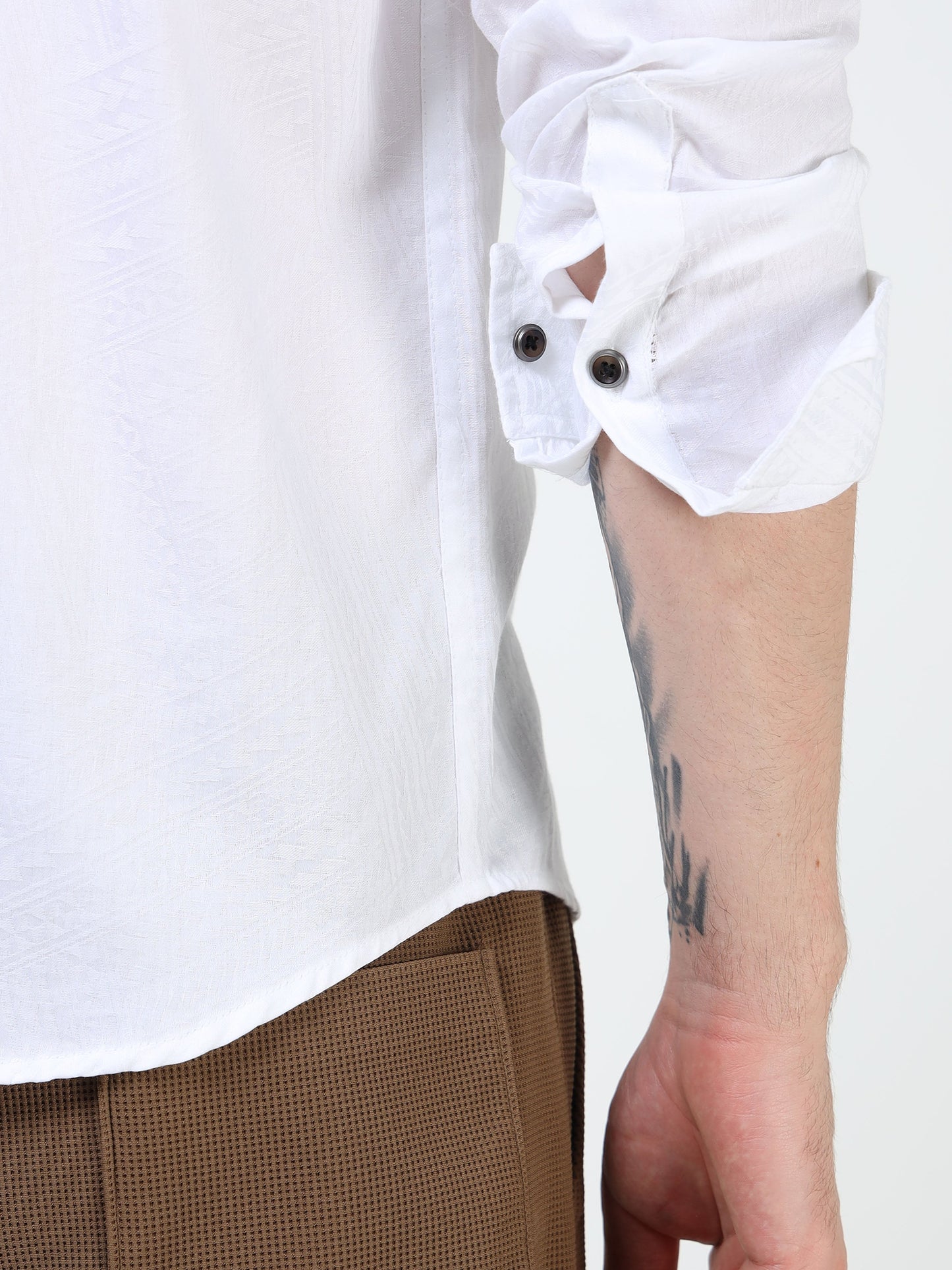Men’s White Textured Cotton Casual Shirt with Golden Dragonfly Embroidery