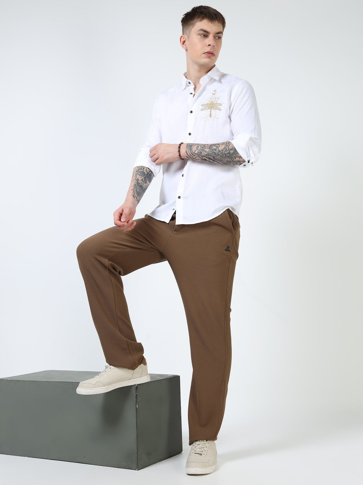 Men’s White Textured Cotton Casual Shirt with Golden Dragonfly Embroidery