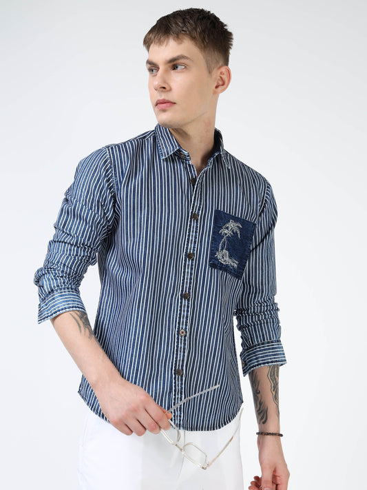 Men’s Navy Striped Cotton Casual Shirt with Contrast Embroidered Pocket