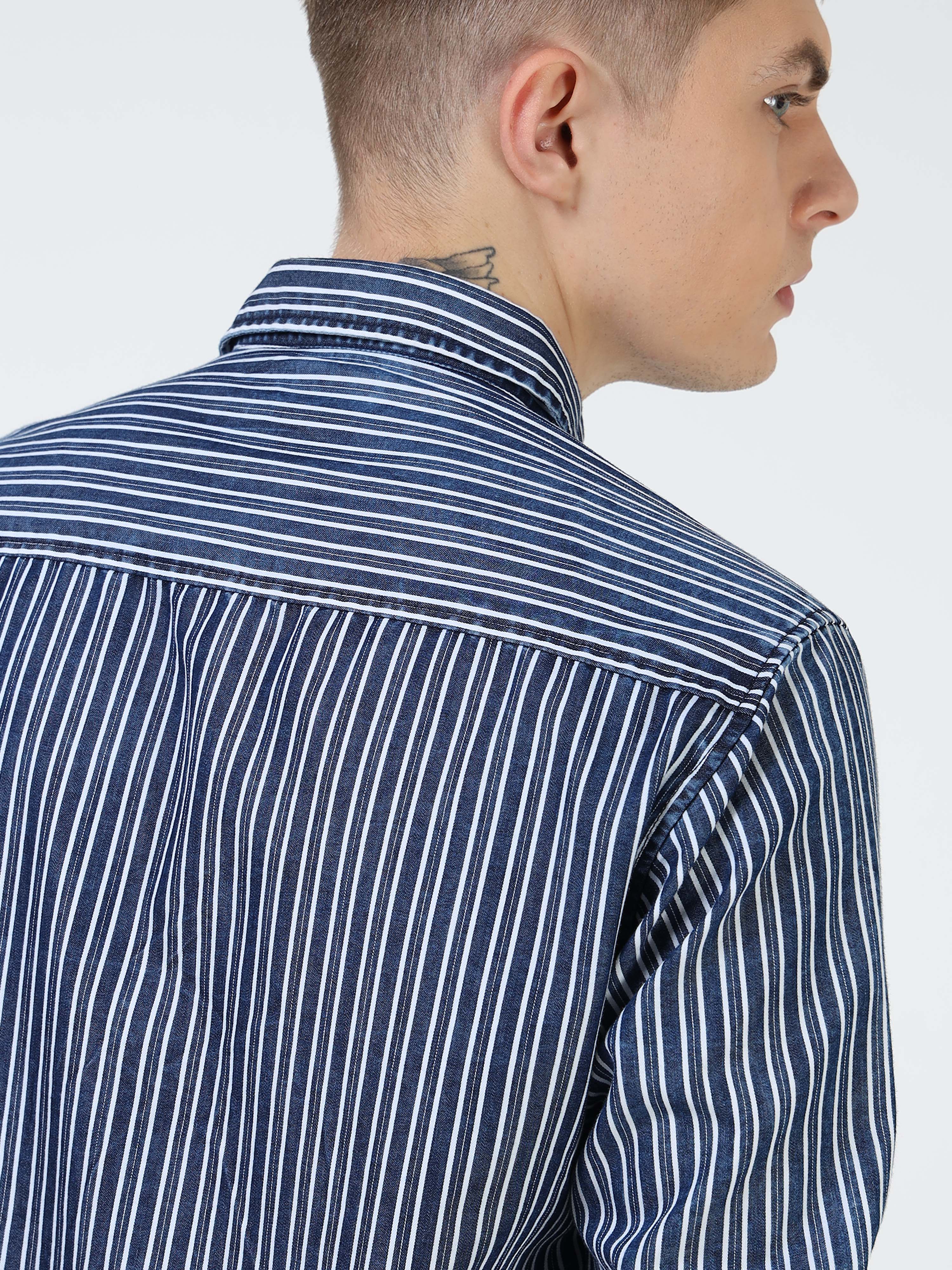 Men’s Navy Striped Cotton Casual Shirt with Contrast Embroidered Pocket