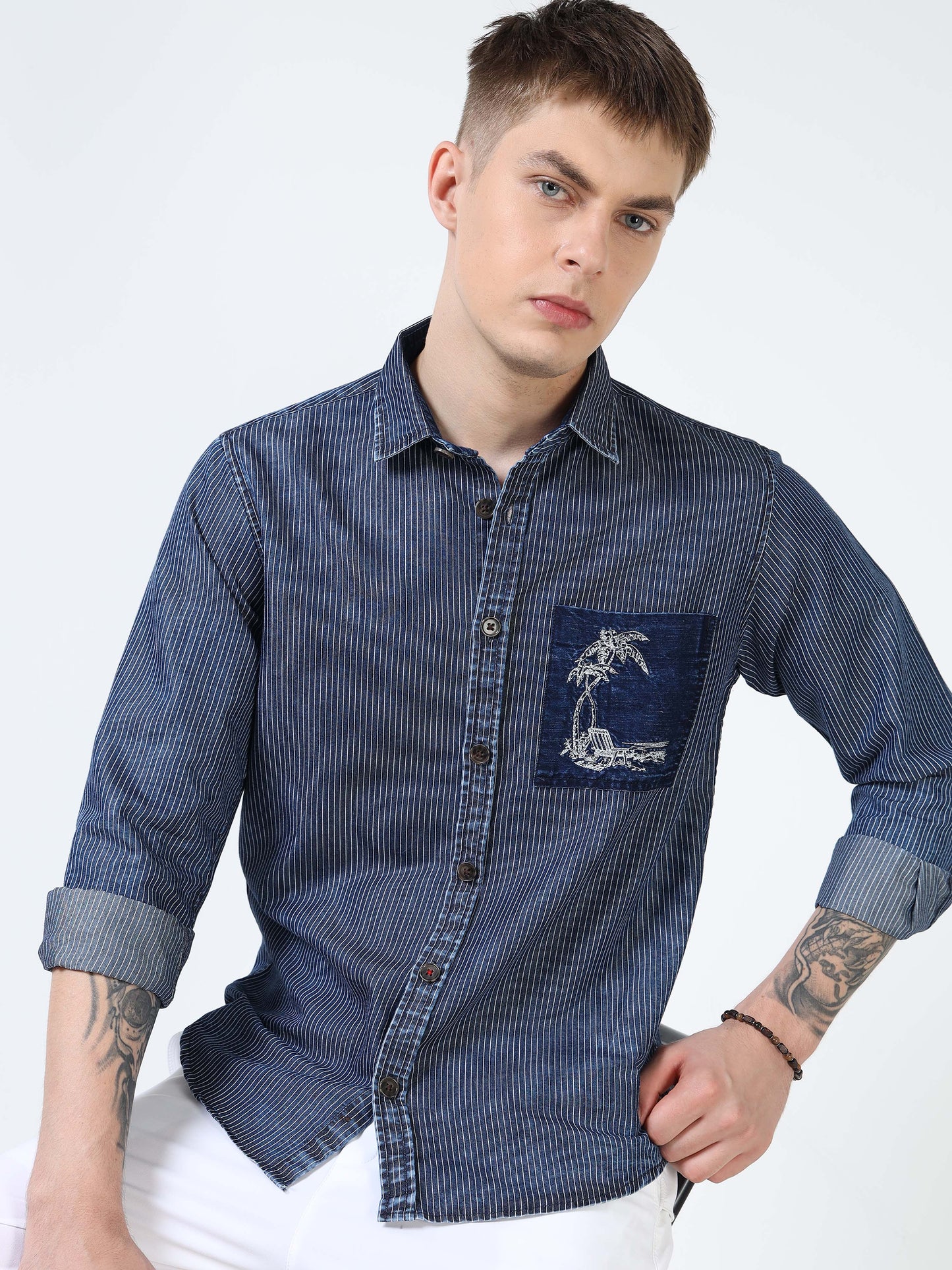 Men’s Indigo Striped Cotton Casual Shirt with Contrast Embroidered Pocket