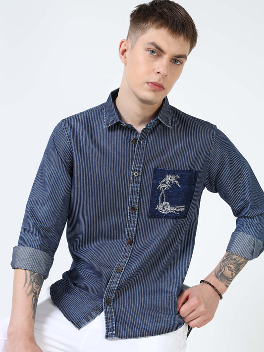 Men’s Indigo Striped Cotton Casual Shirt with Contrast Embroidered Pocket