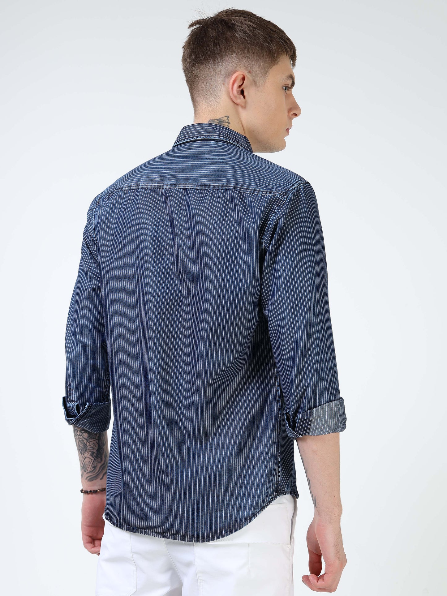 Men’s Indigo Striped Cotton Casual Shirt with Contrast Embroidered Pocket