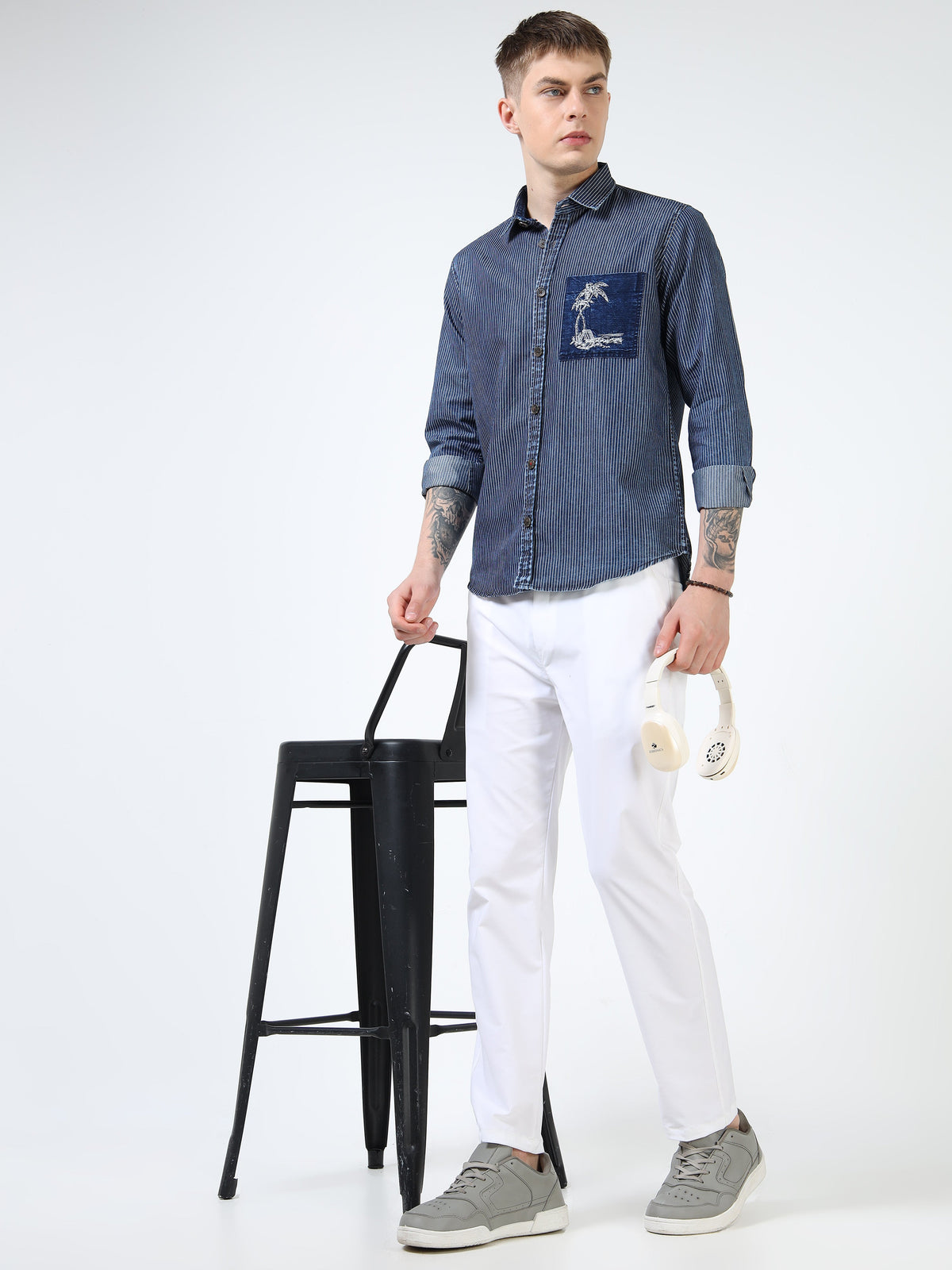 Men’s Indigo Striped Cotton Casual Shirt with Contrast Embroidered Pocket