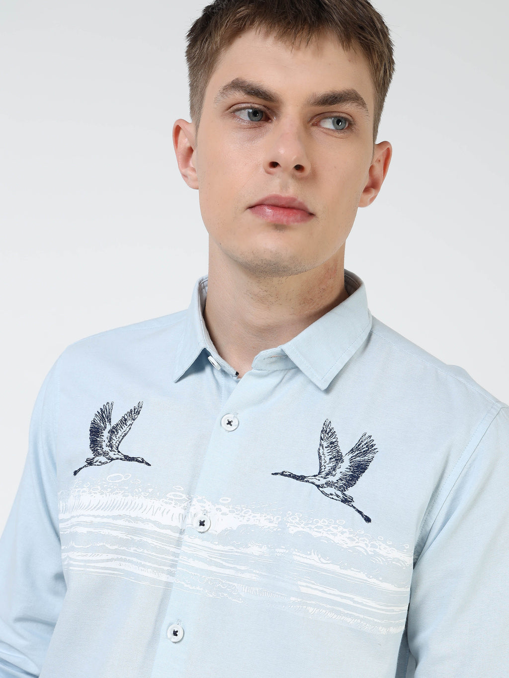 Men’s Light Blue Cotton Casual Shirt with Flying Bird Embroidery
