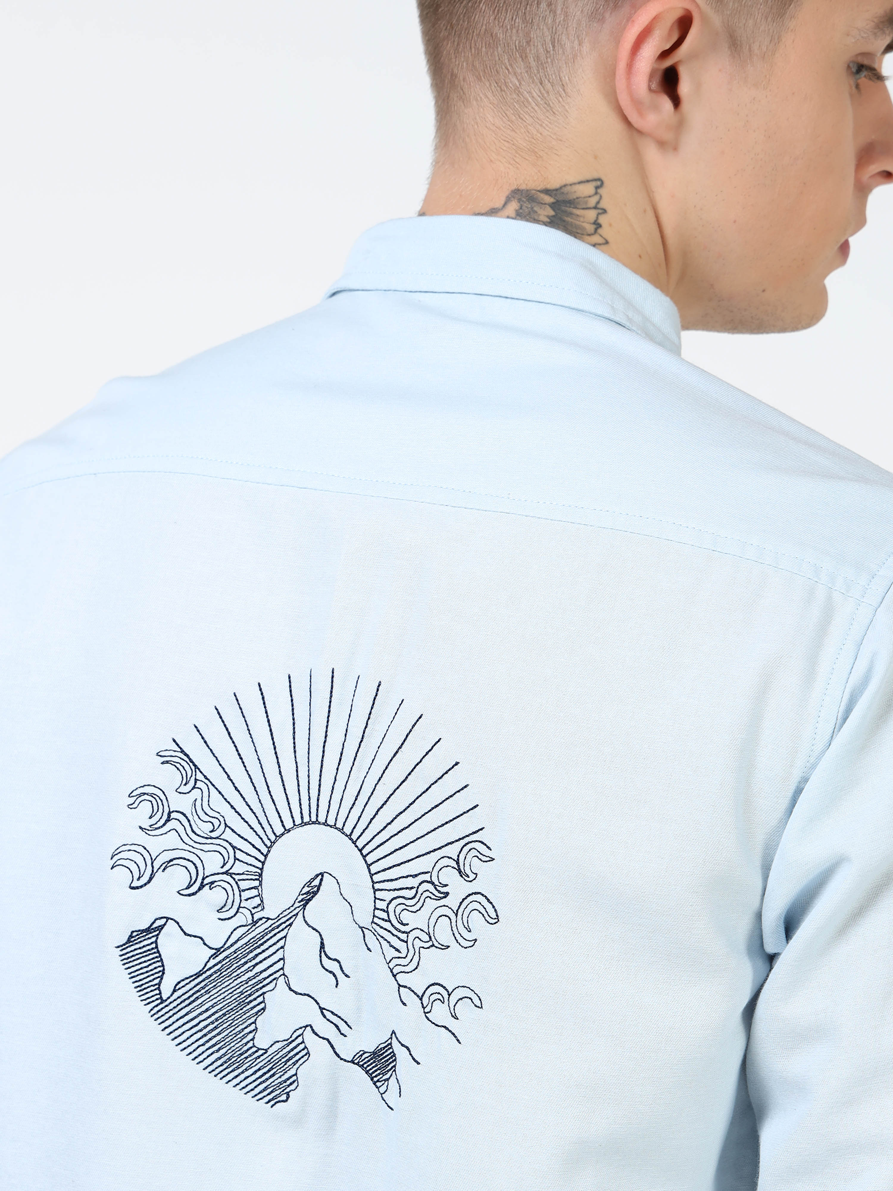 Men’s Light Blue Cotton Casual Shirt with Flying Bird Embroidery