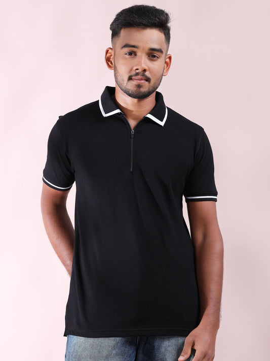 Plus White Tipping Polo Collar Black T Shirt for Men