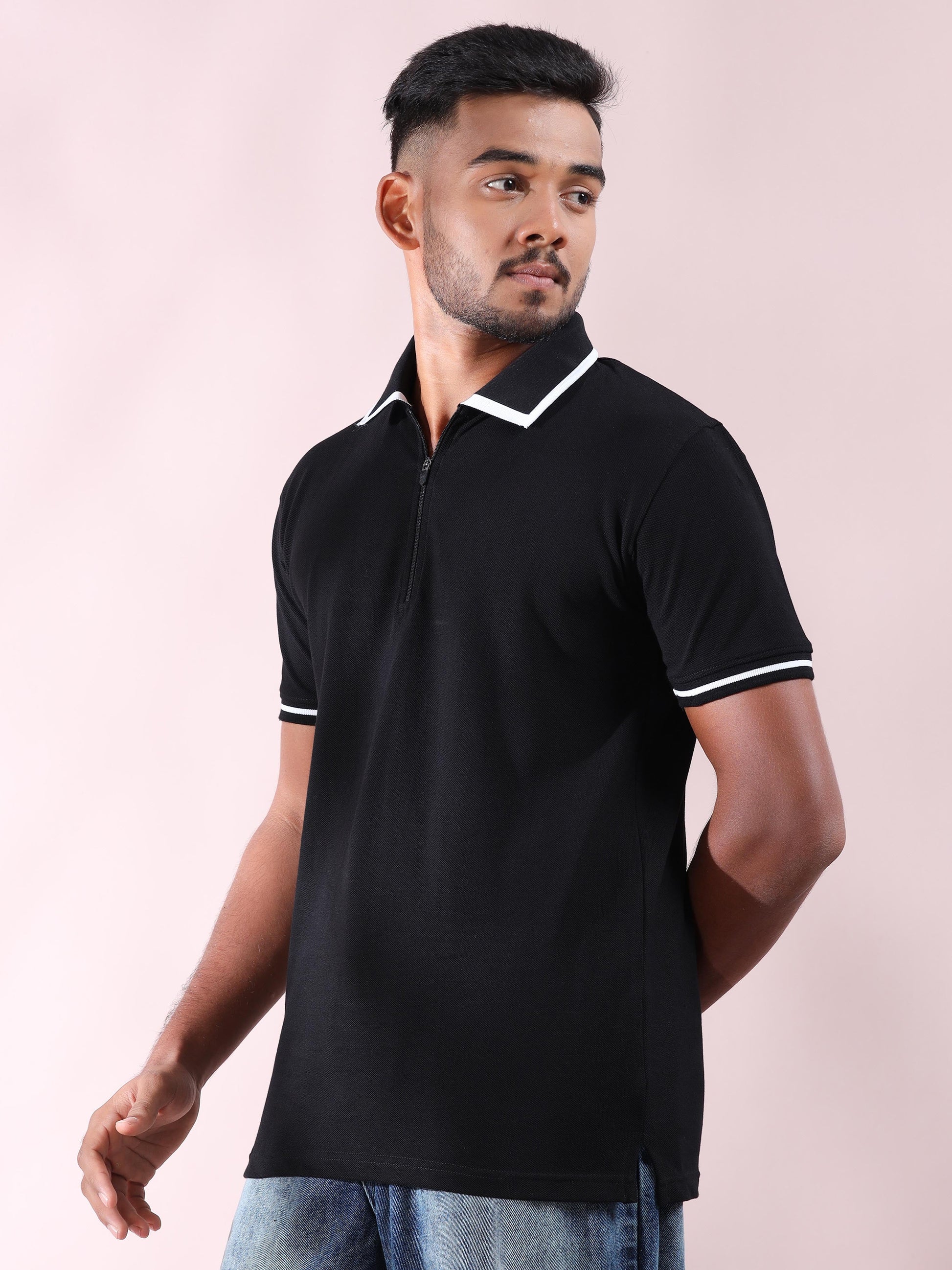 Plus White Tipping Polo Collar Black T Shirt for Men