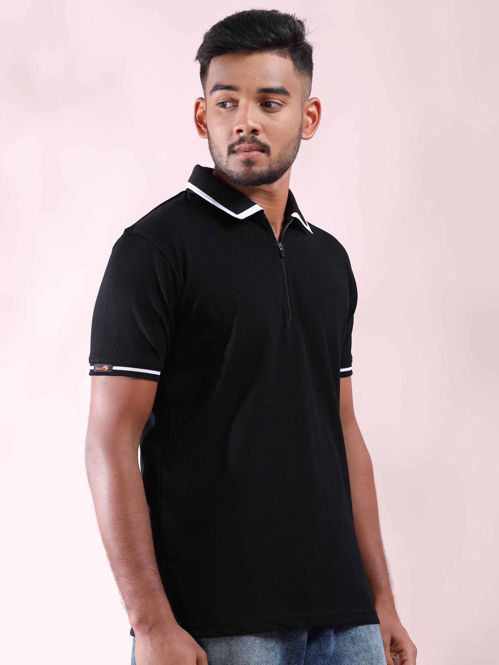Plus White Tipping Polo Collar Black T Shirt for Men