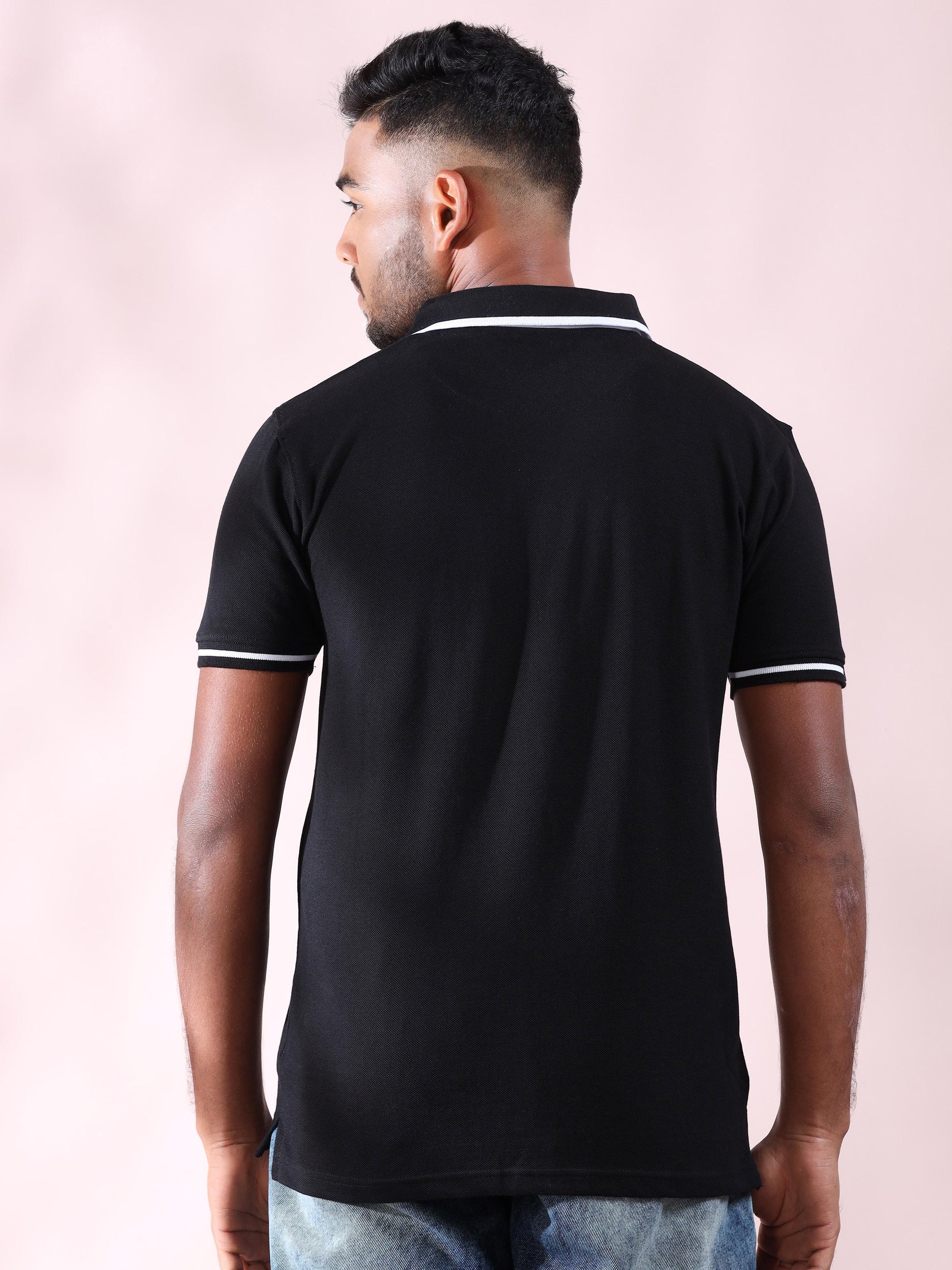 Plus White Tipping Polo Collar Black T Shirt for Men