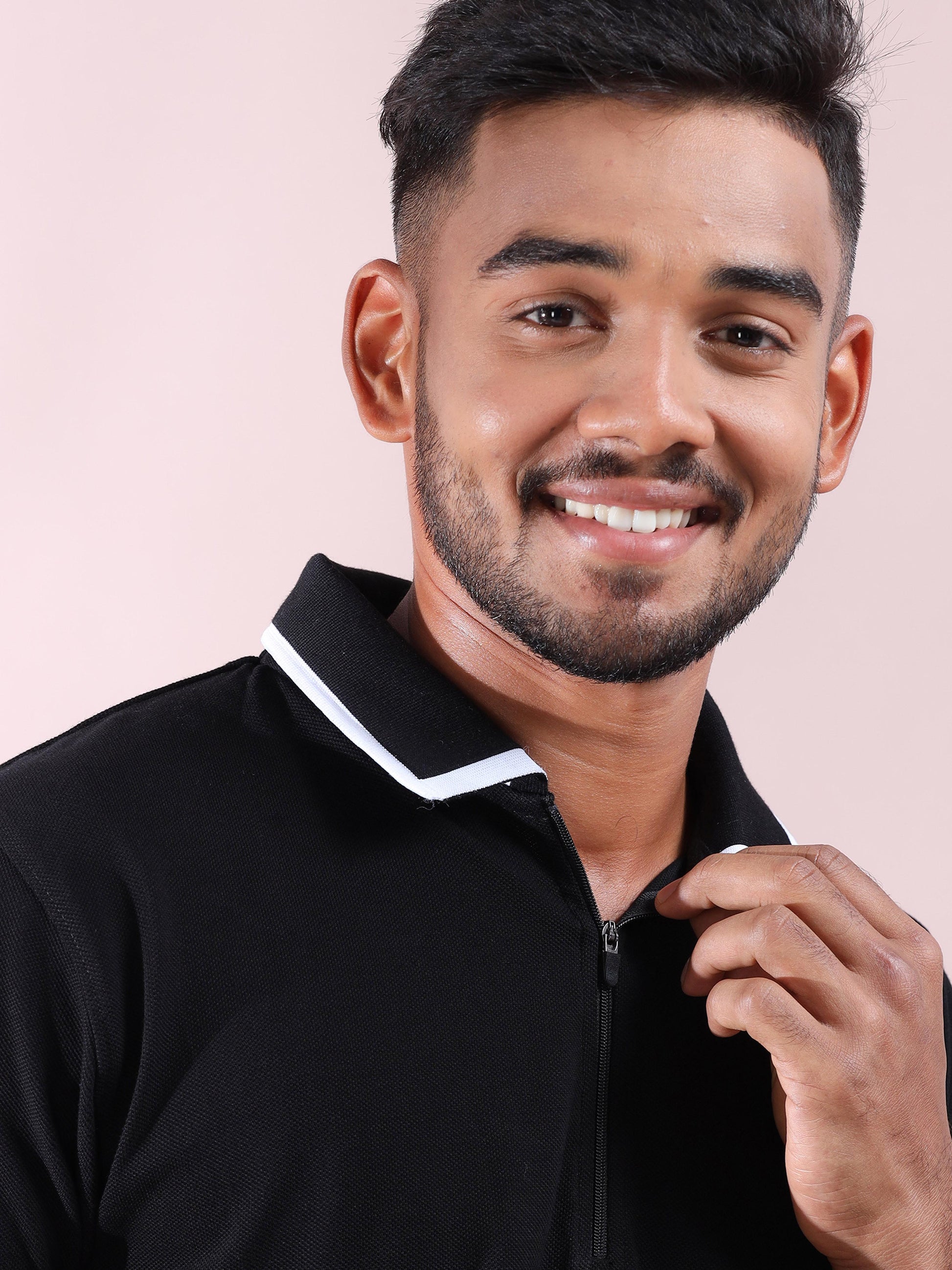 Plus White Tipping Polo Collar Black T Shirt for Men