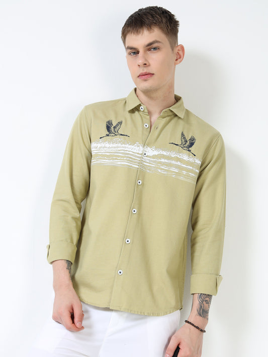 Men’s Light Olive Cotton Casual Shirt with Flying Bird Embroidery