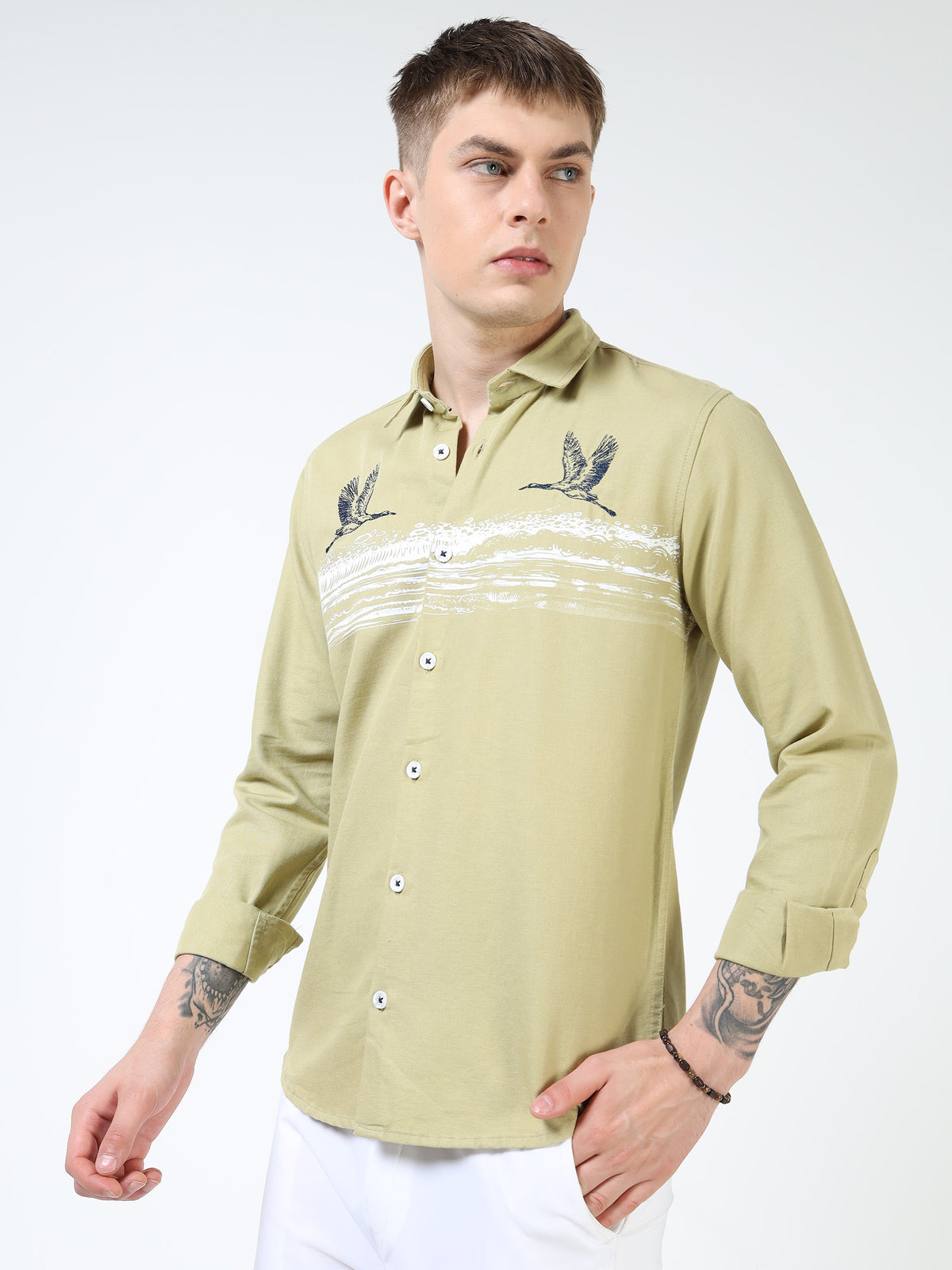Men’s Light Olive Cotton Casual Shirt with Flying Bird Embroidery