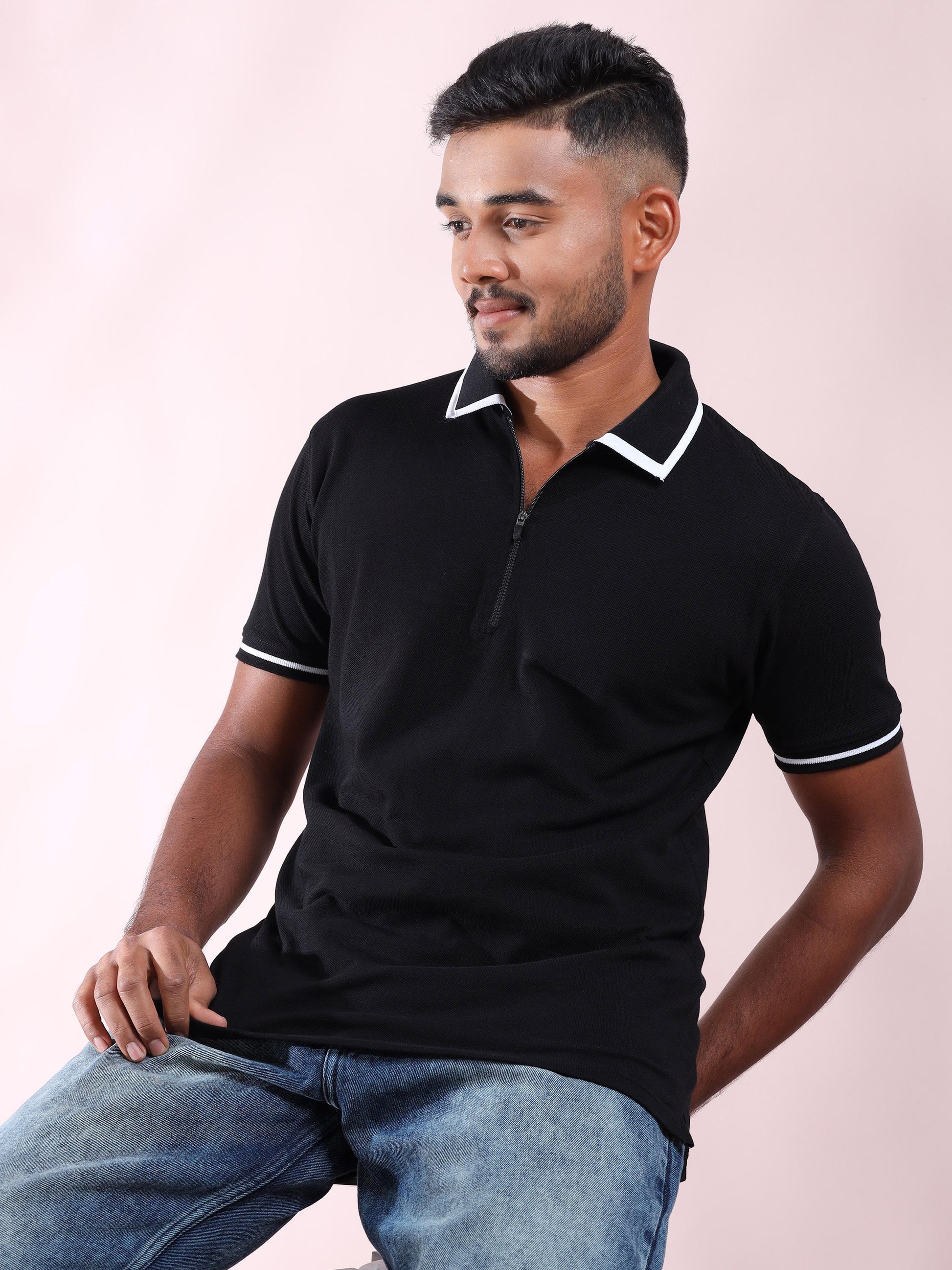 Plus White Tipping Polo Collar Black T Shirt for Men
