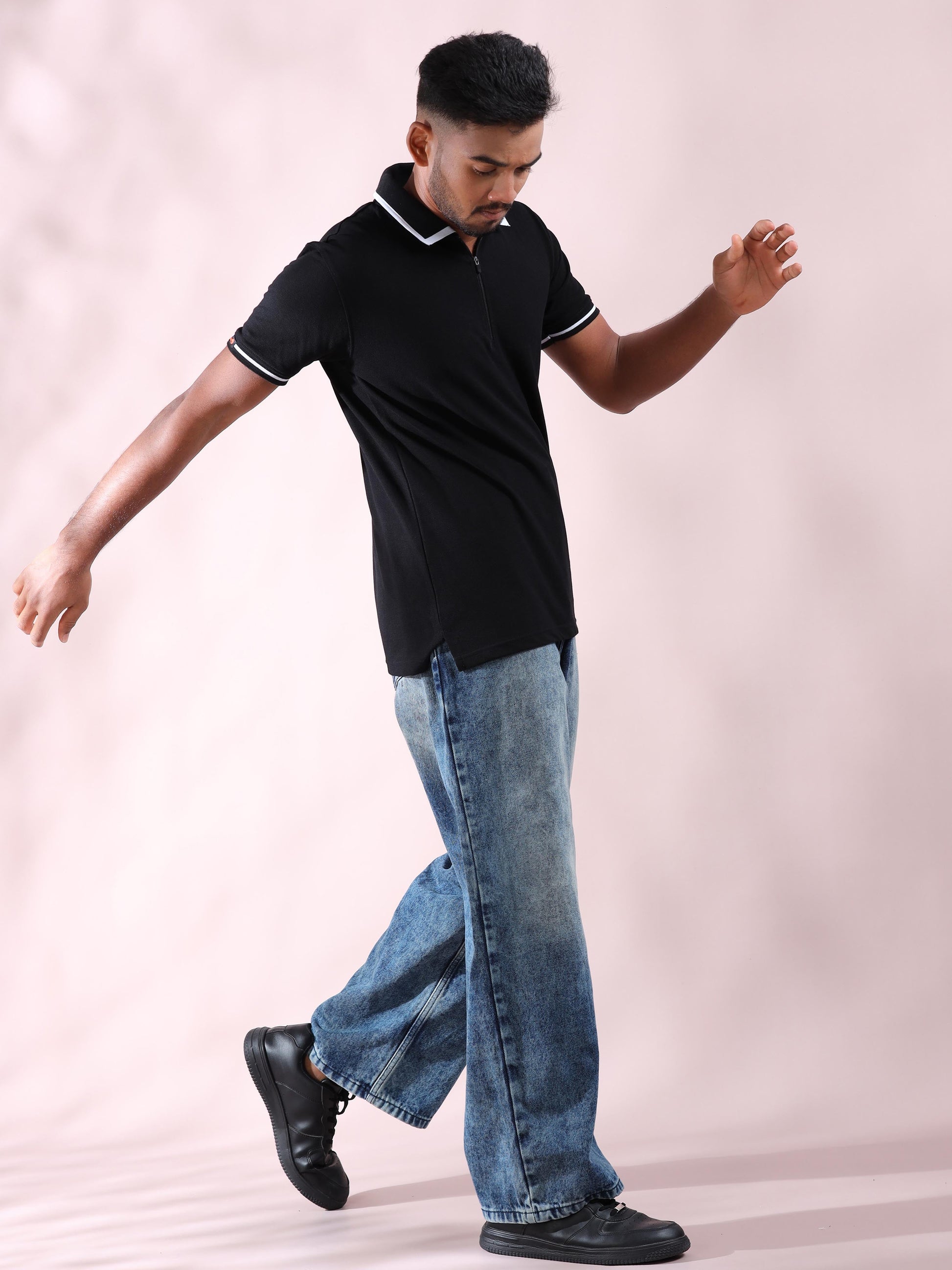 Plus White Tipping Polo Collar Black T Shirt for Men