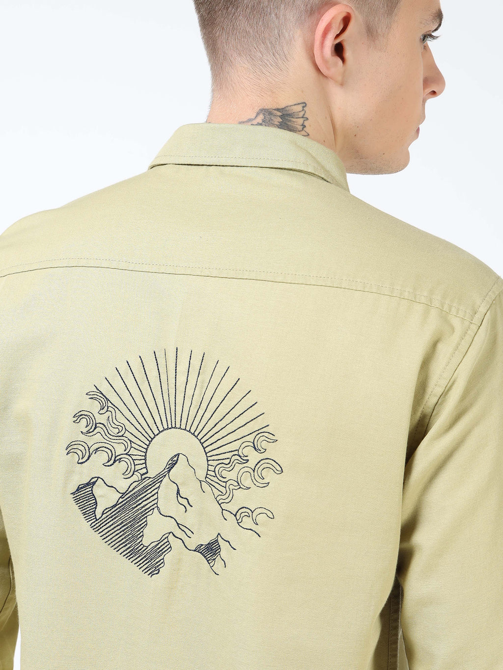 Men’s Light Olive Cotton Casual Shirt with Flying Bird Embroidery
