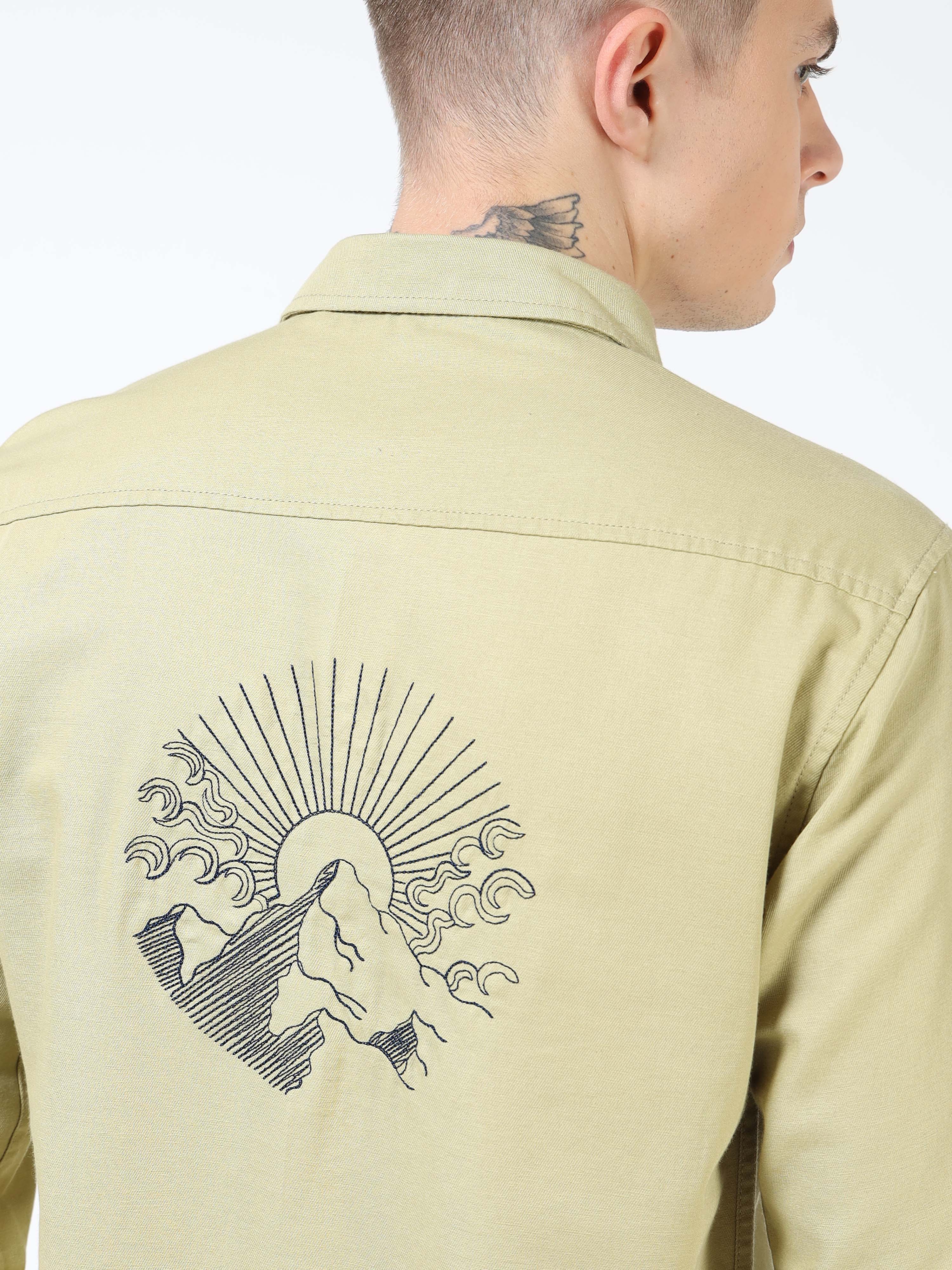 Men’s Light Olive Cotton Casual Shirt with Flying Bird Embroidery