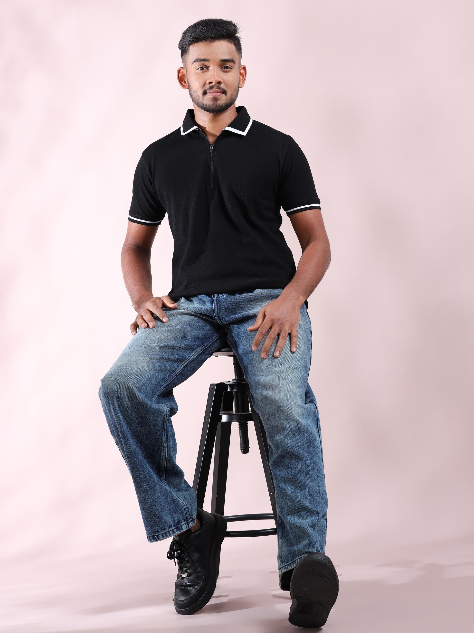Plus White Tipping Polo Collar Black T Shirt for Men