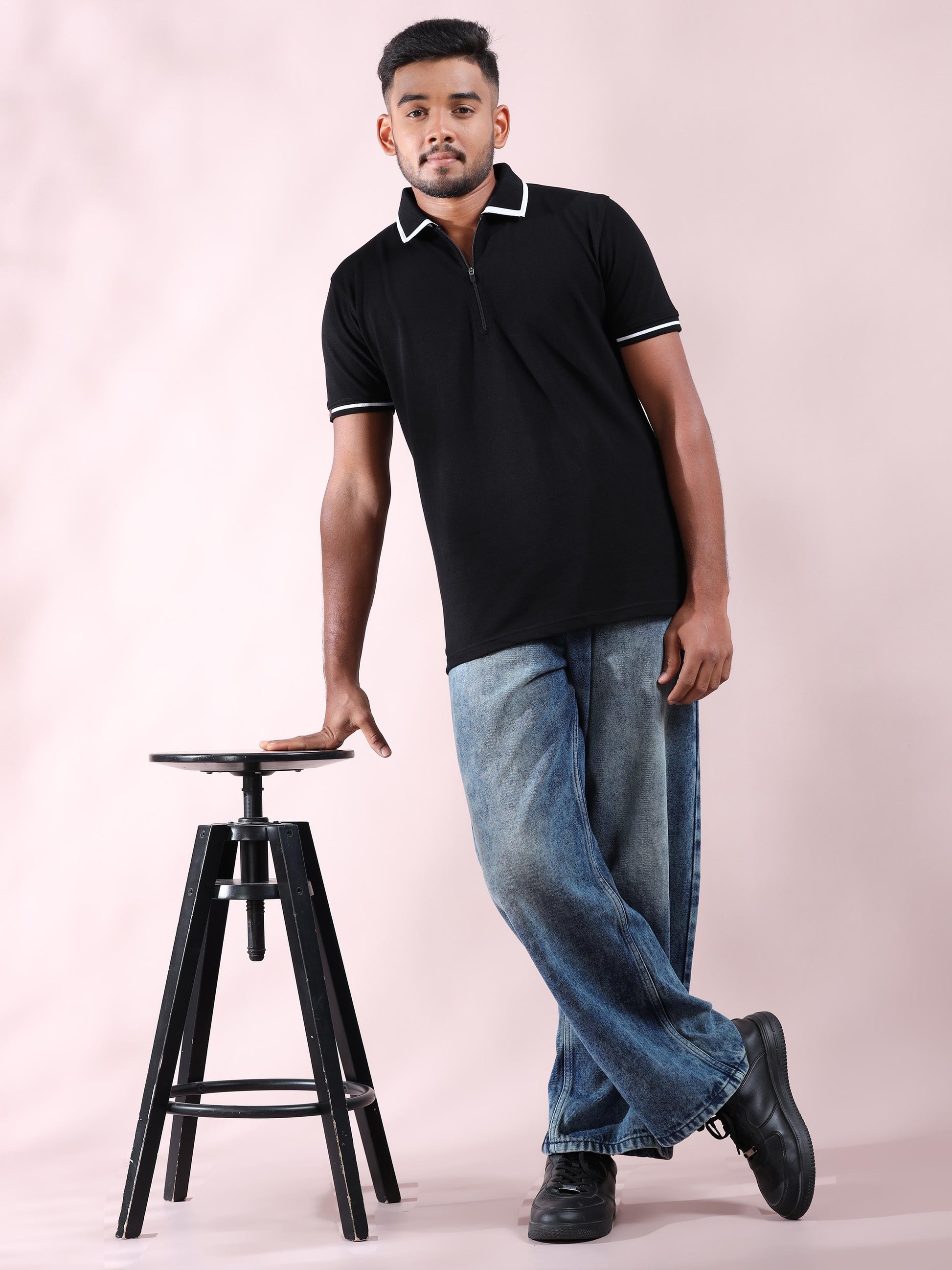 Plus White Tipping Polo Collar Black T Shirt for Men