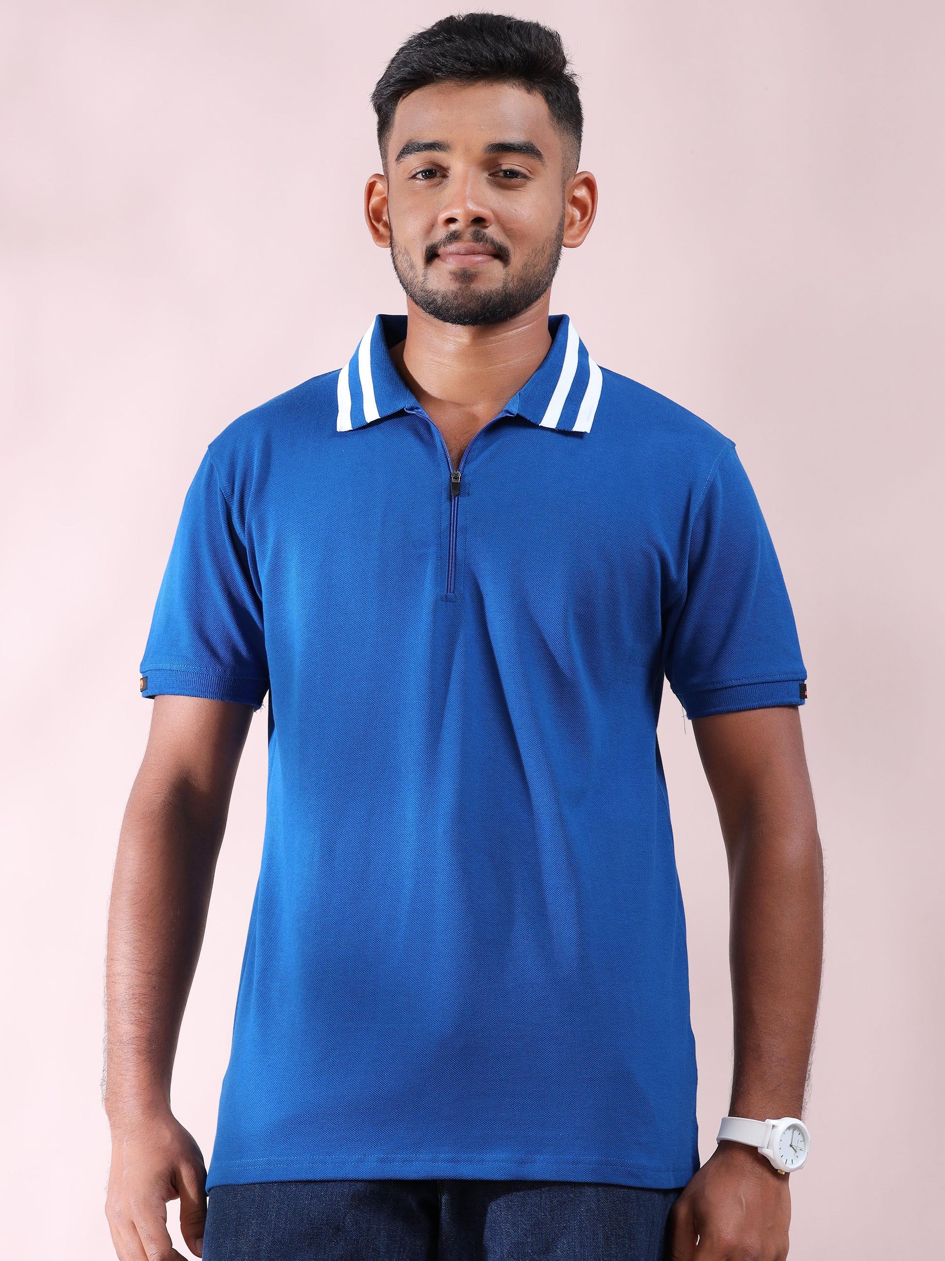 Men Cotton Plus Collar Blue and White Stripped T Shirt