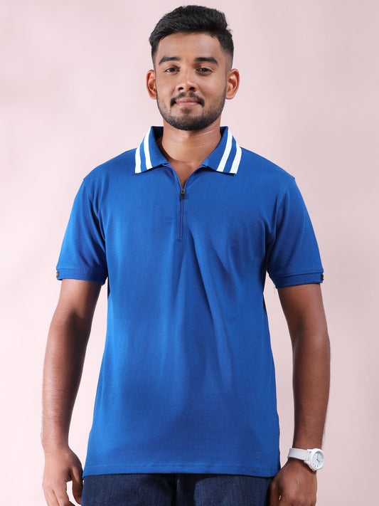 Men Cotton Plus Collar Blue and White Stripped T Shirt