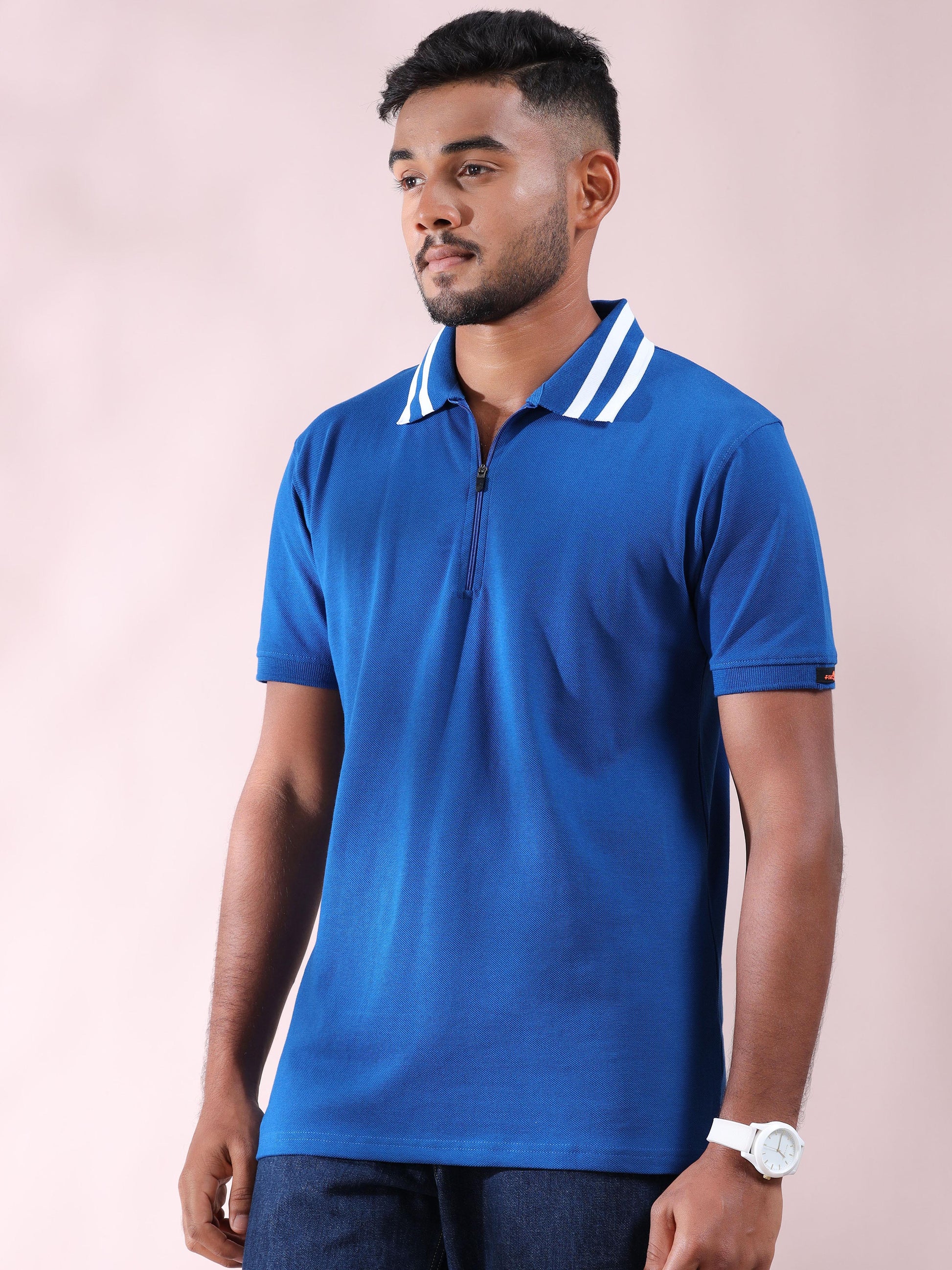 Men Cotton Plus Collar Blue and White Stripped T Shirt
