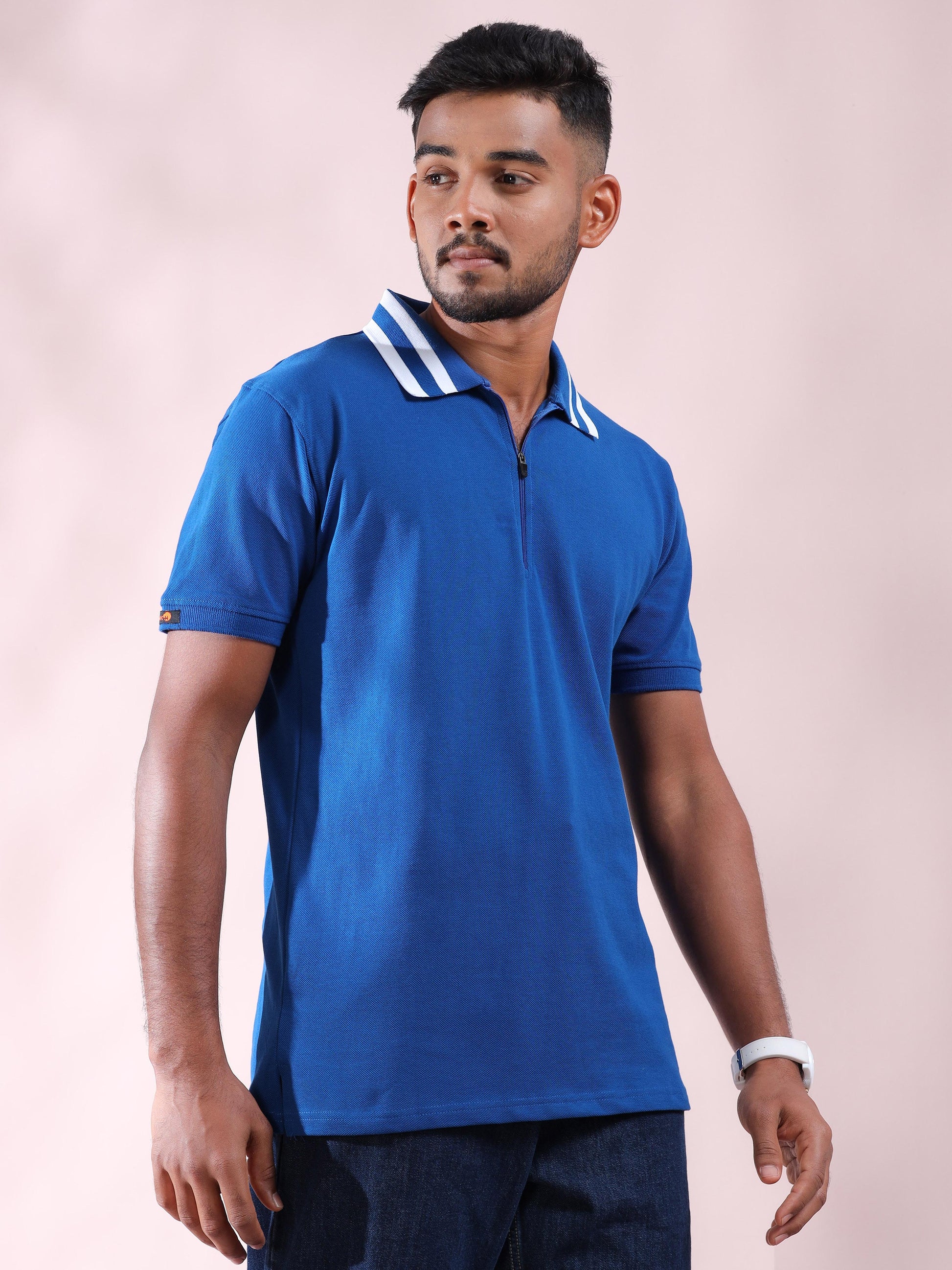Men Cotton Plus Collar Blue and White Stripped T Shirt