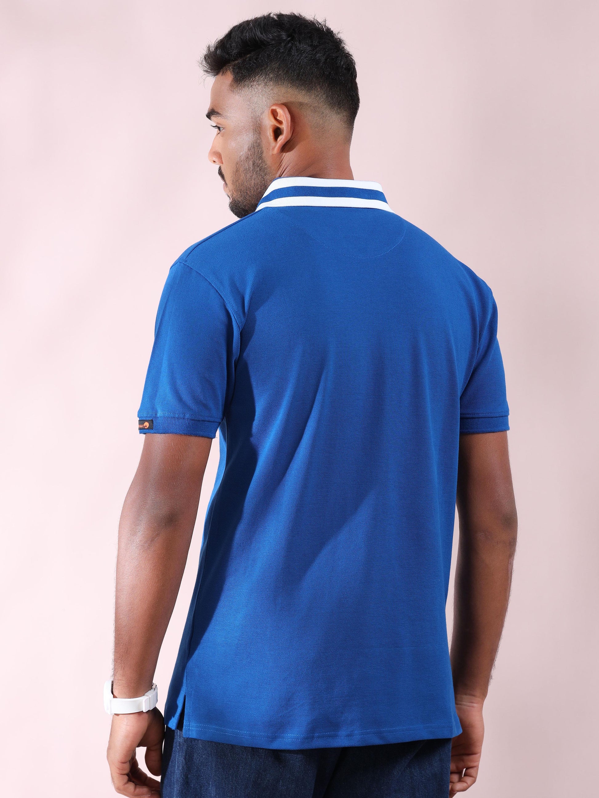 Men Cotton Plus Collar Blue and White Stripped T Shirt