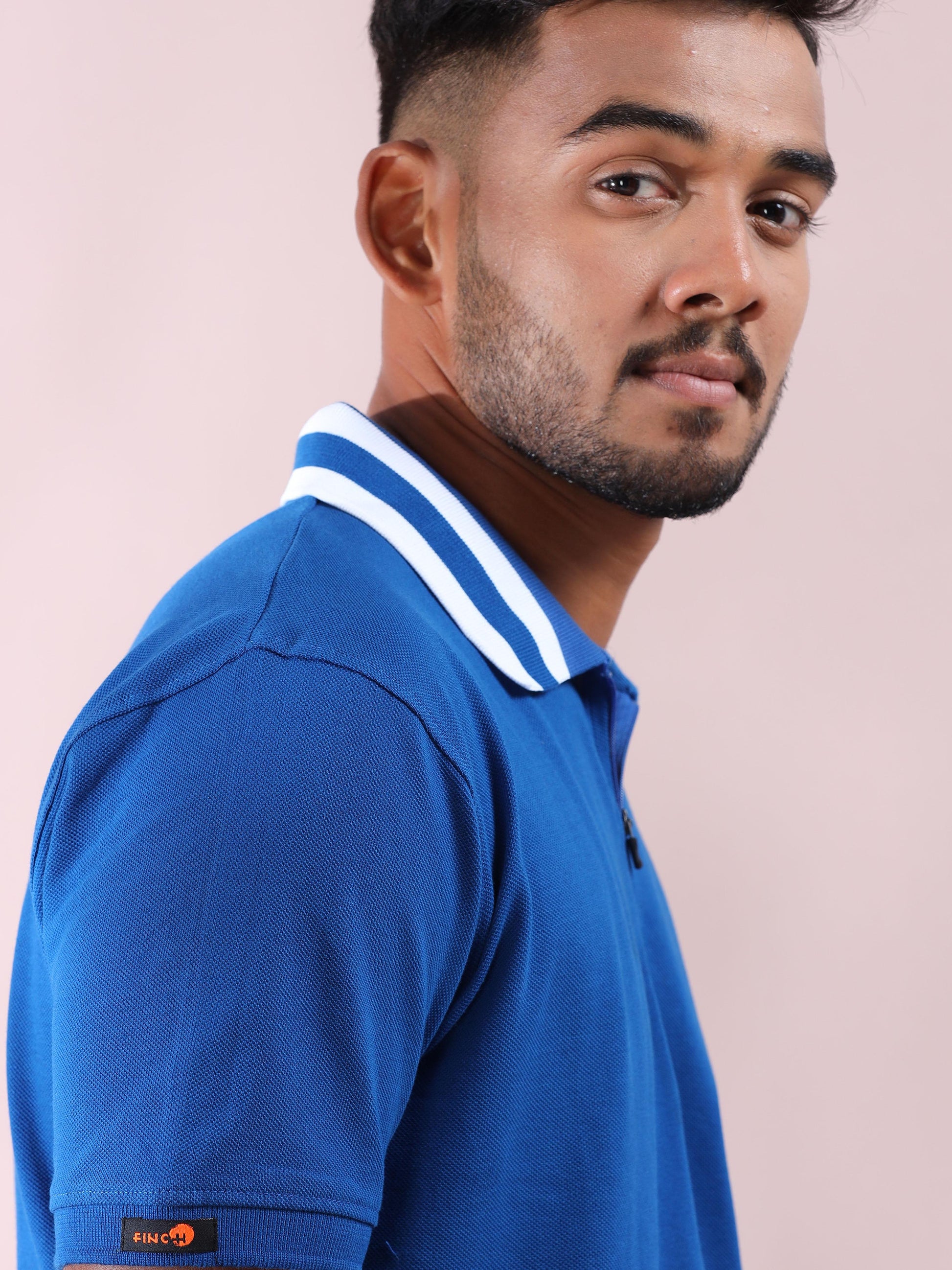 Men Cotton Plus Collar Blue and White Stripped T Shirt