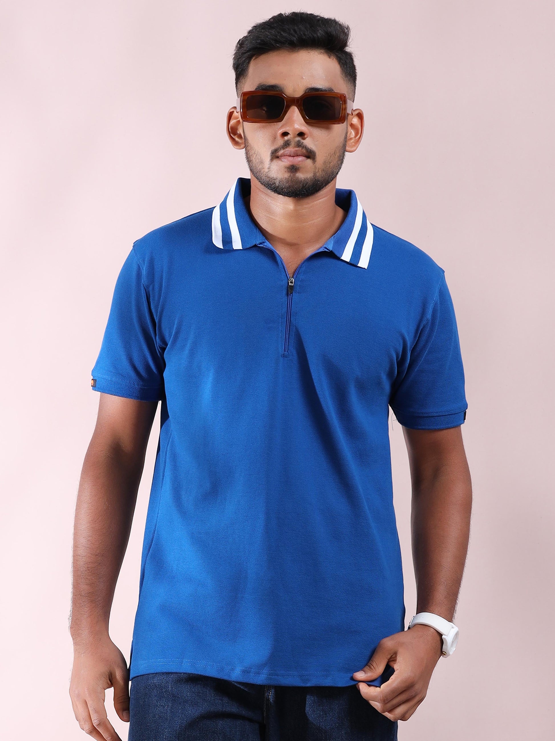 Men Cotton Plus Collar Blue and White Stripped T Shirt