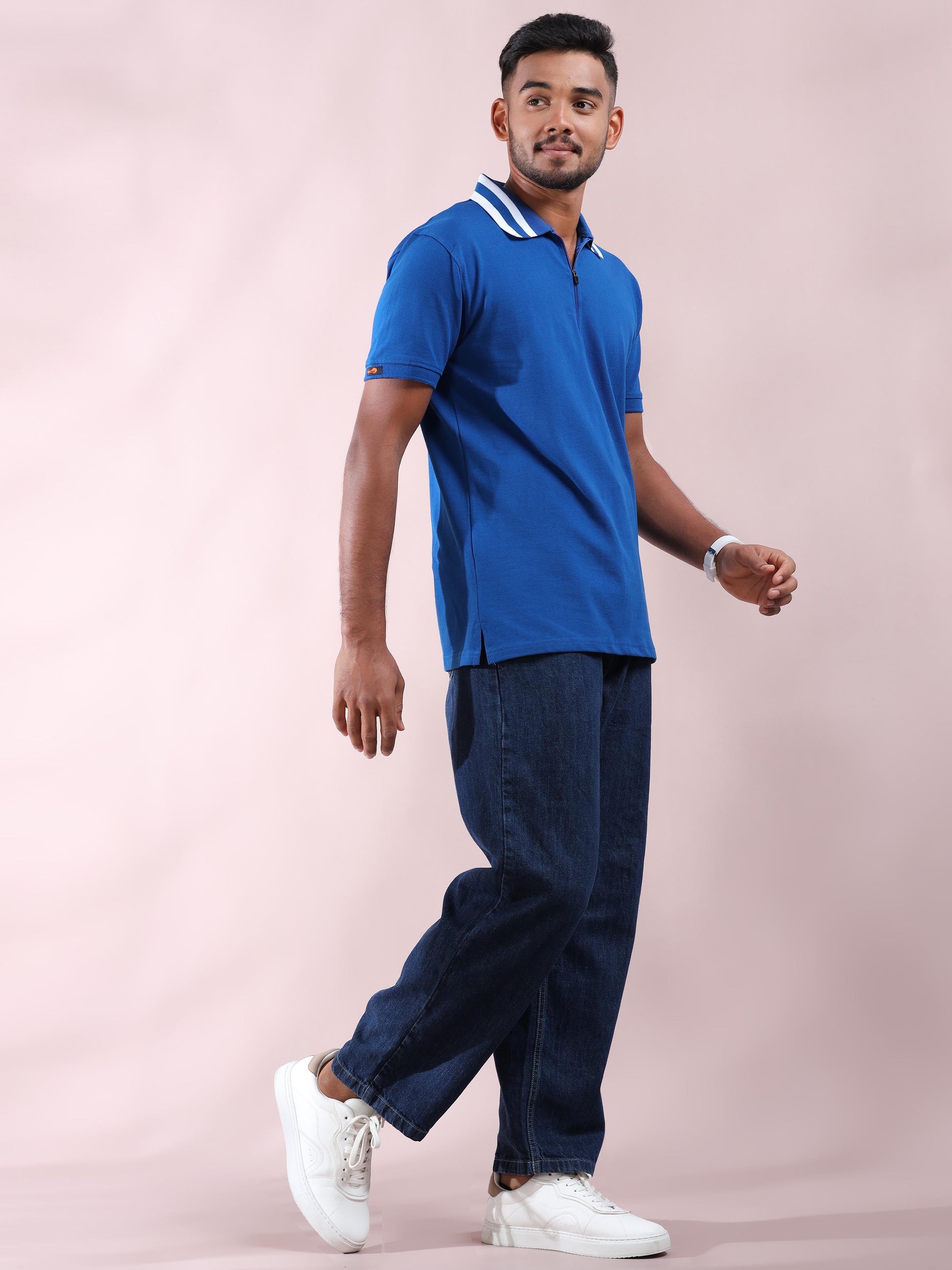 Men Cotton Plus Collar Blue and White Stripped T Shirt