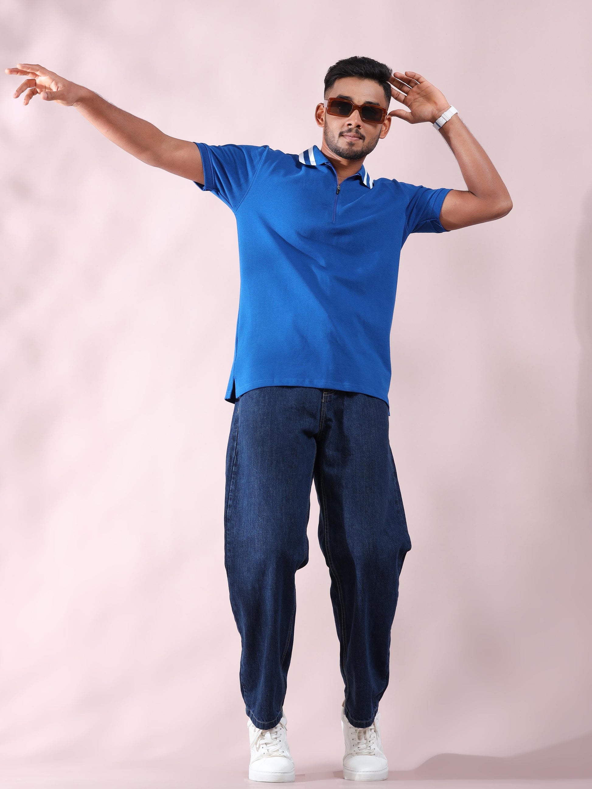 Men Cotton Plus Collar Blue and White Stripped T Shirt
