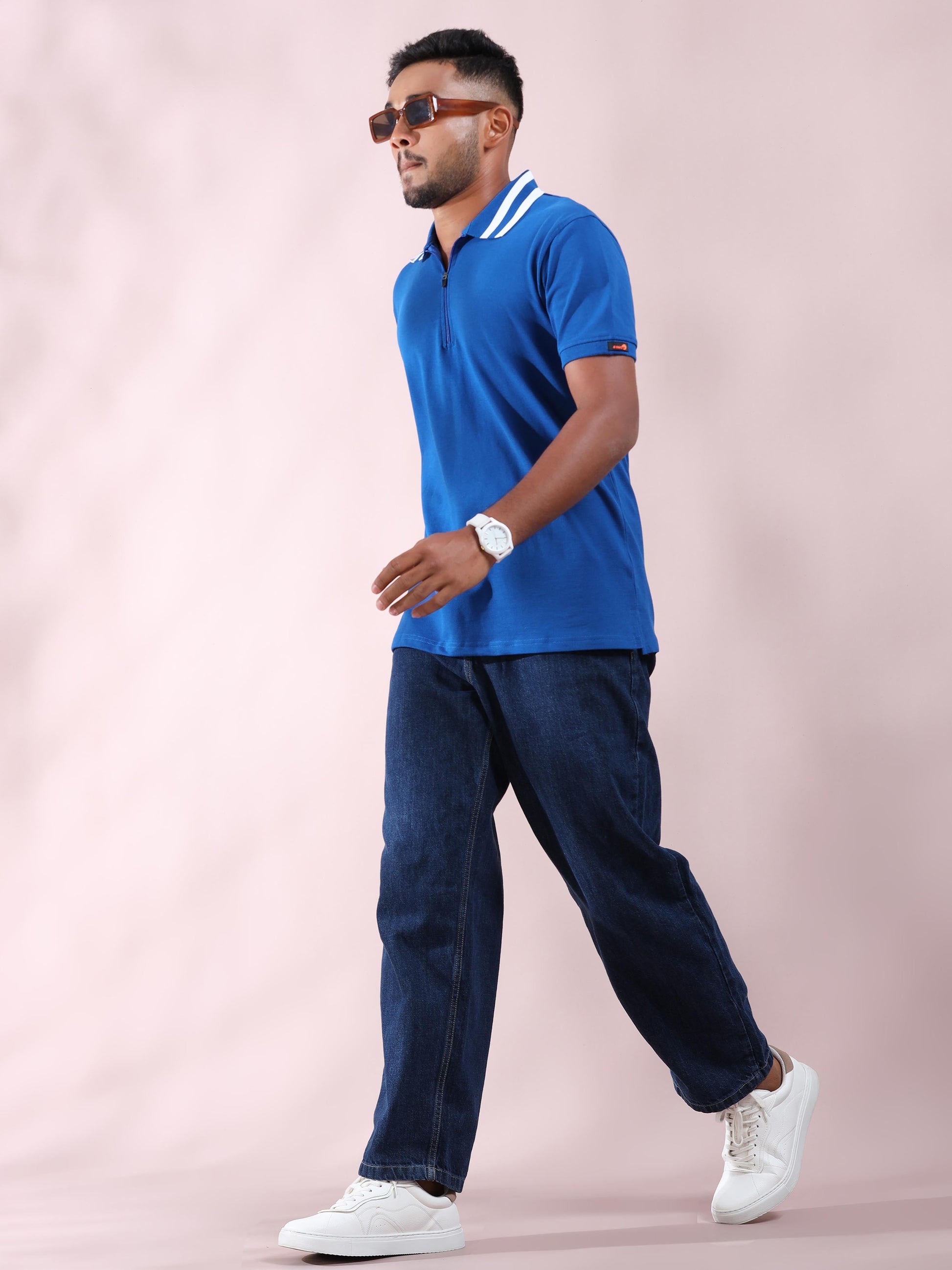 Men Cotton Plus Collar Blue and White Stripped T Shirt