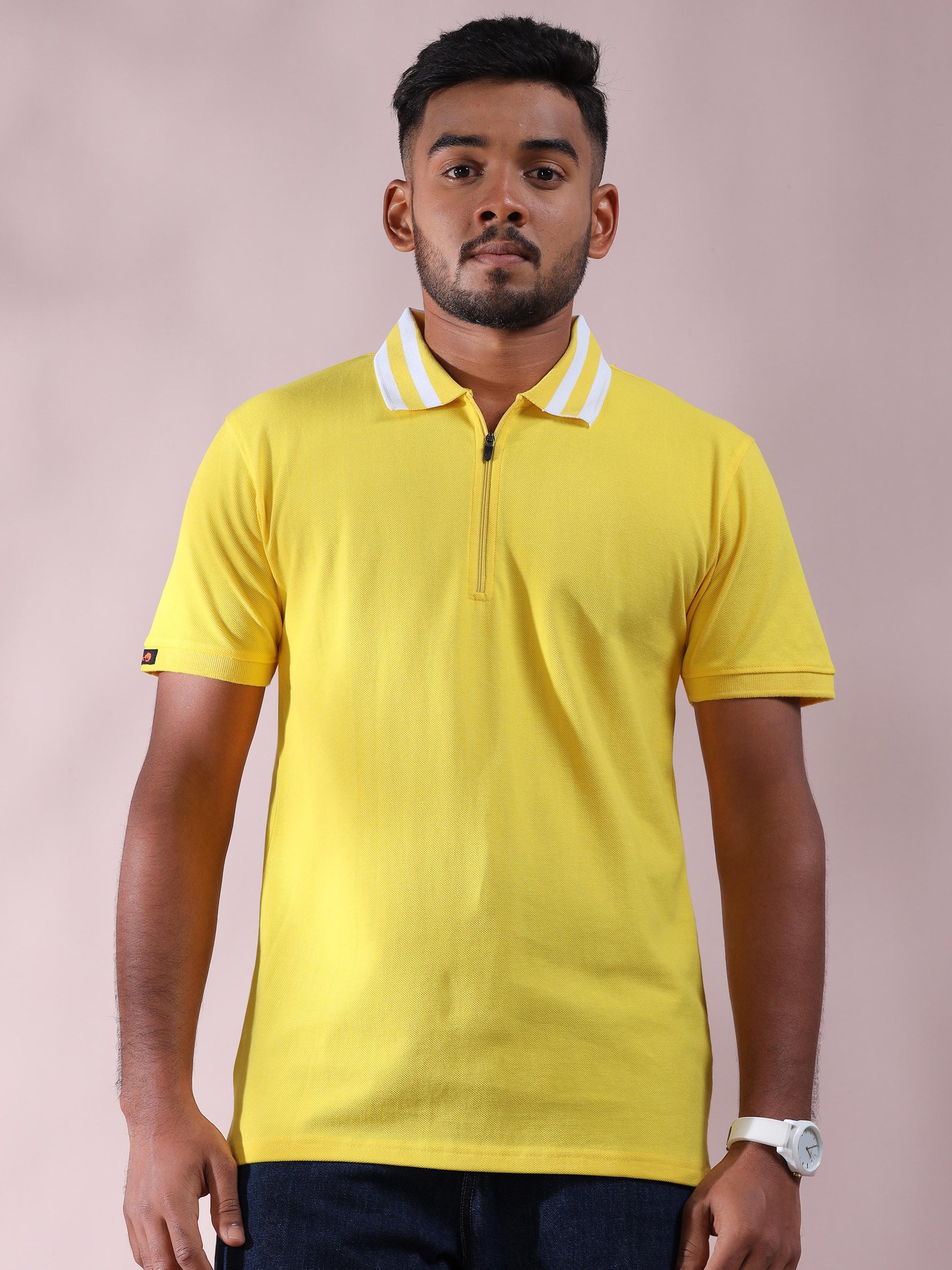 Plus White Striped Collar Mens Cotton T Shirt Yellow