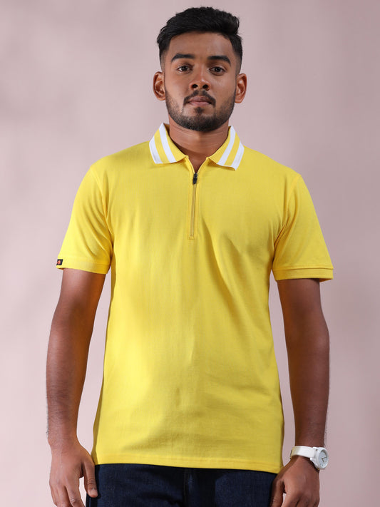 Plus White Striped Collar Mens Cotton T Shirt Yellow