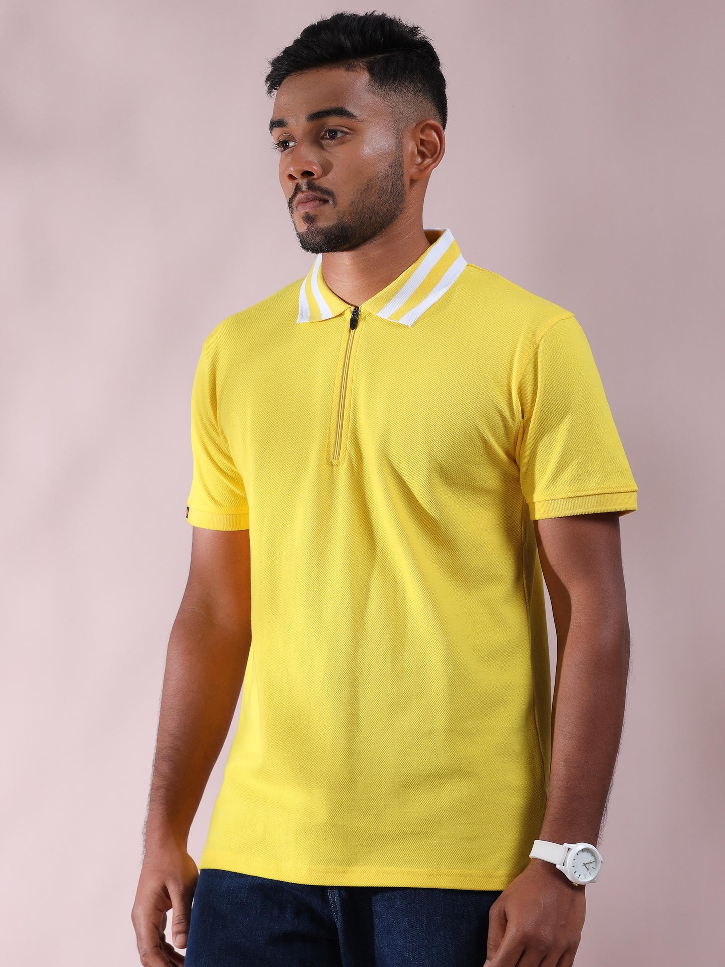 Plus White Striped Collar Mens Cotton T Shirt Yellow