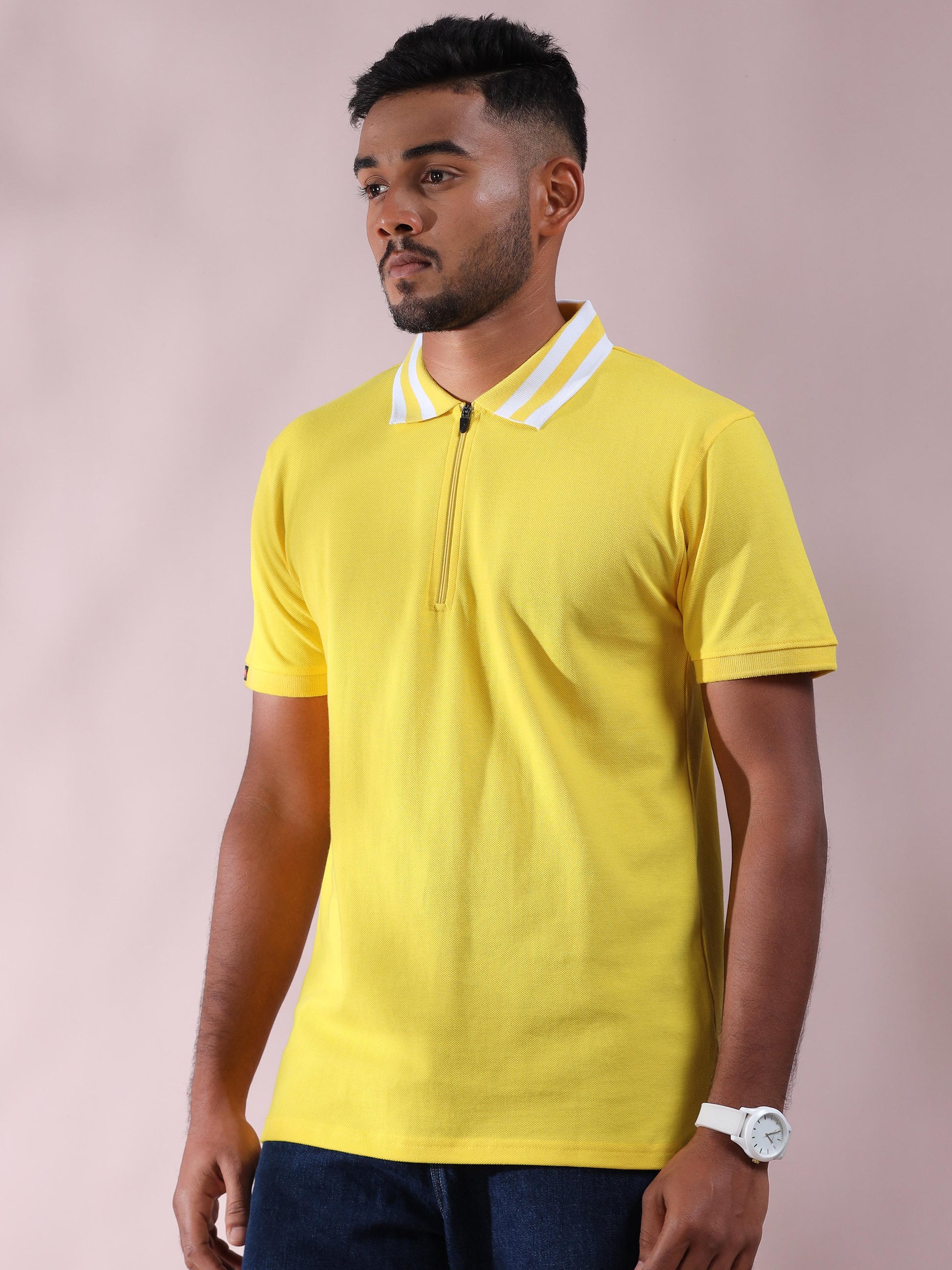 Plus White Striped Collar Mens Cotton T Shirt Yellow