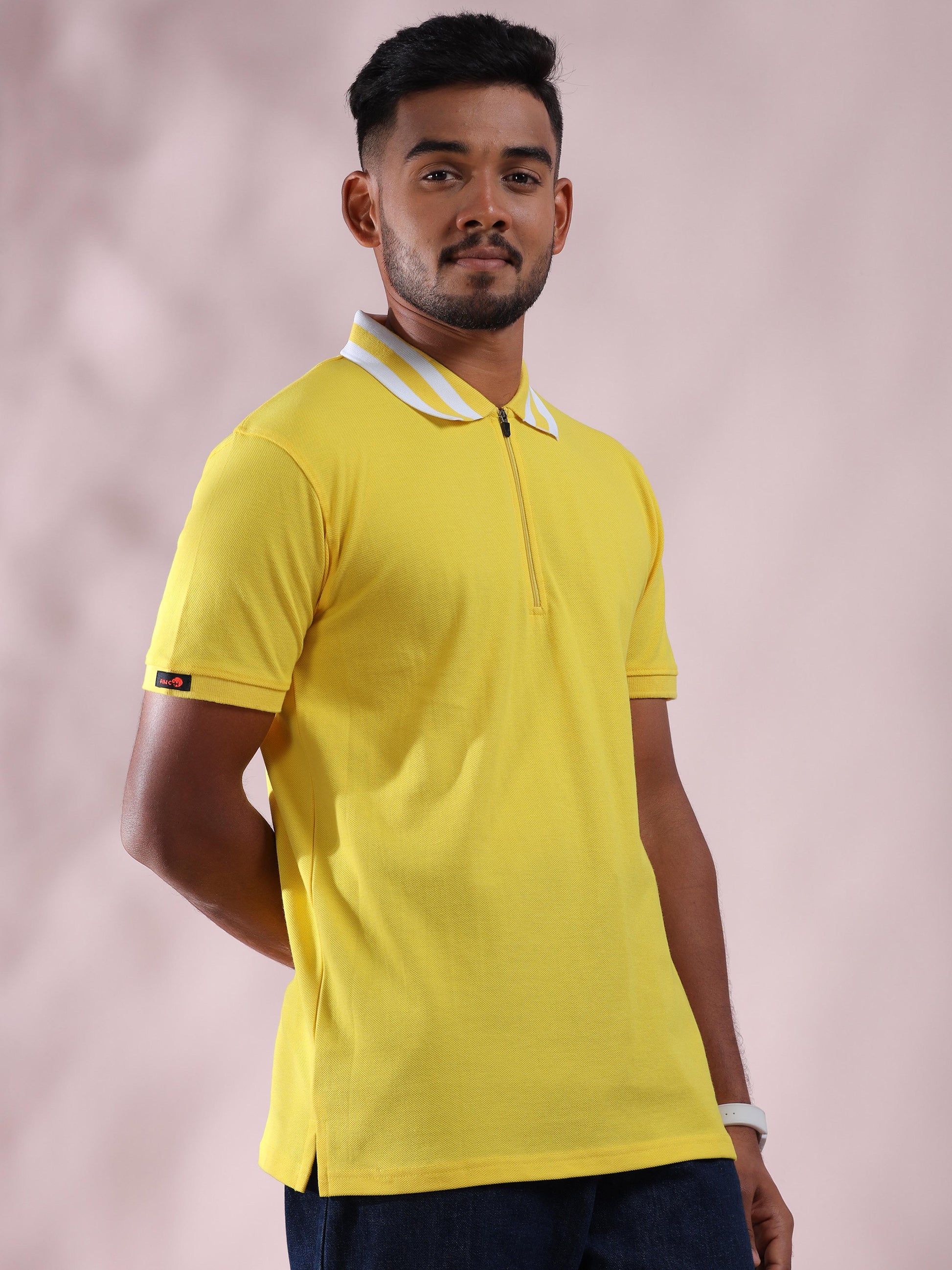 Plus White Striped Collar Mens Cotton T Shirt Yellow