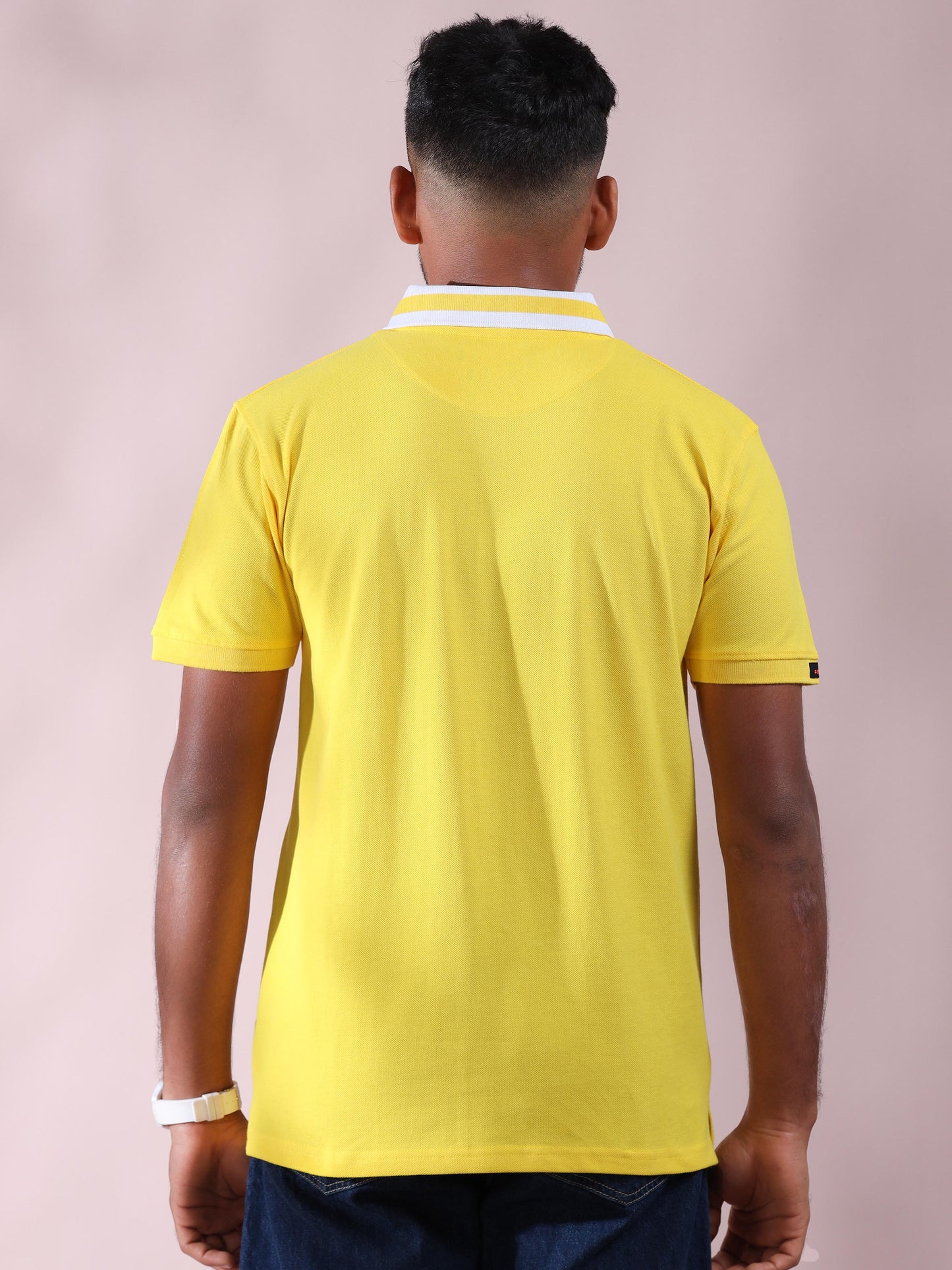 Plus White Striped Collar Mens Cotton T Shirt Yellow