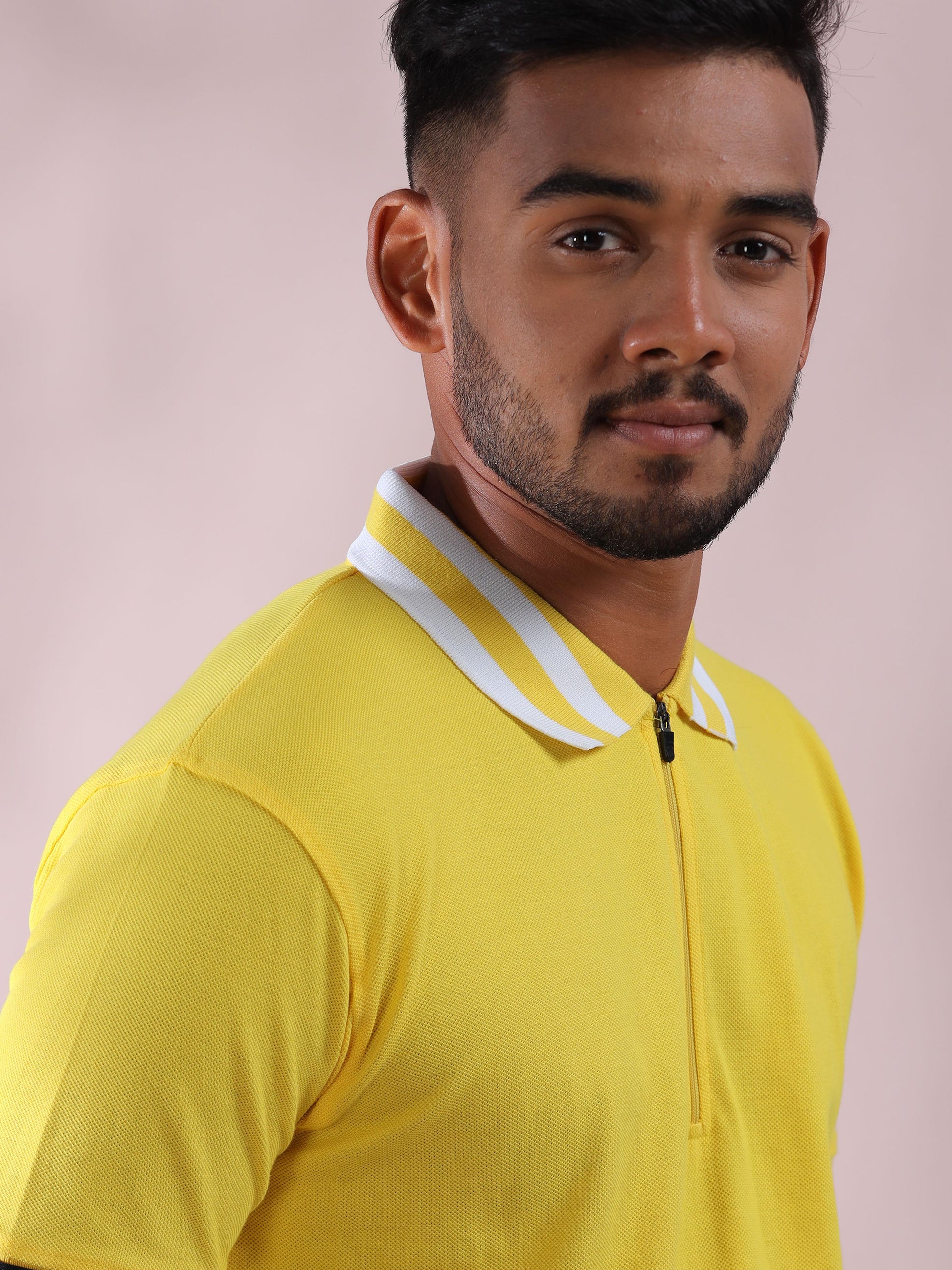 Plus White Striped Collar Mens Cotton T Shirt Yellow