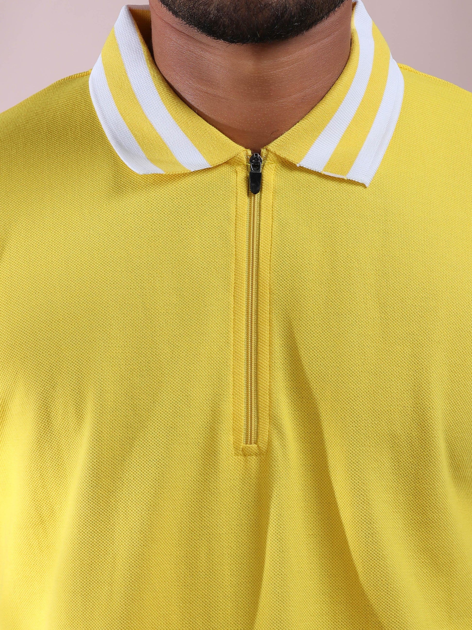 Plus White Striped Collar Mens Cotton T Shirt Yellow