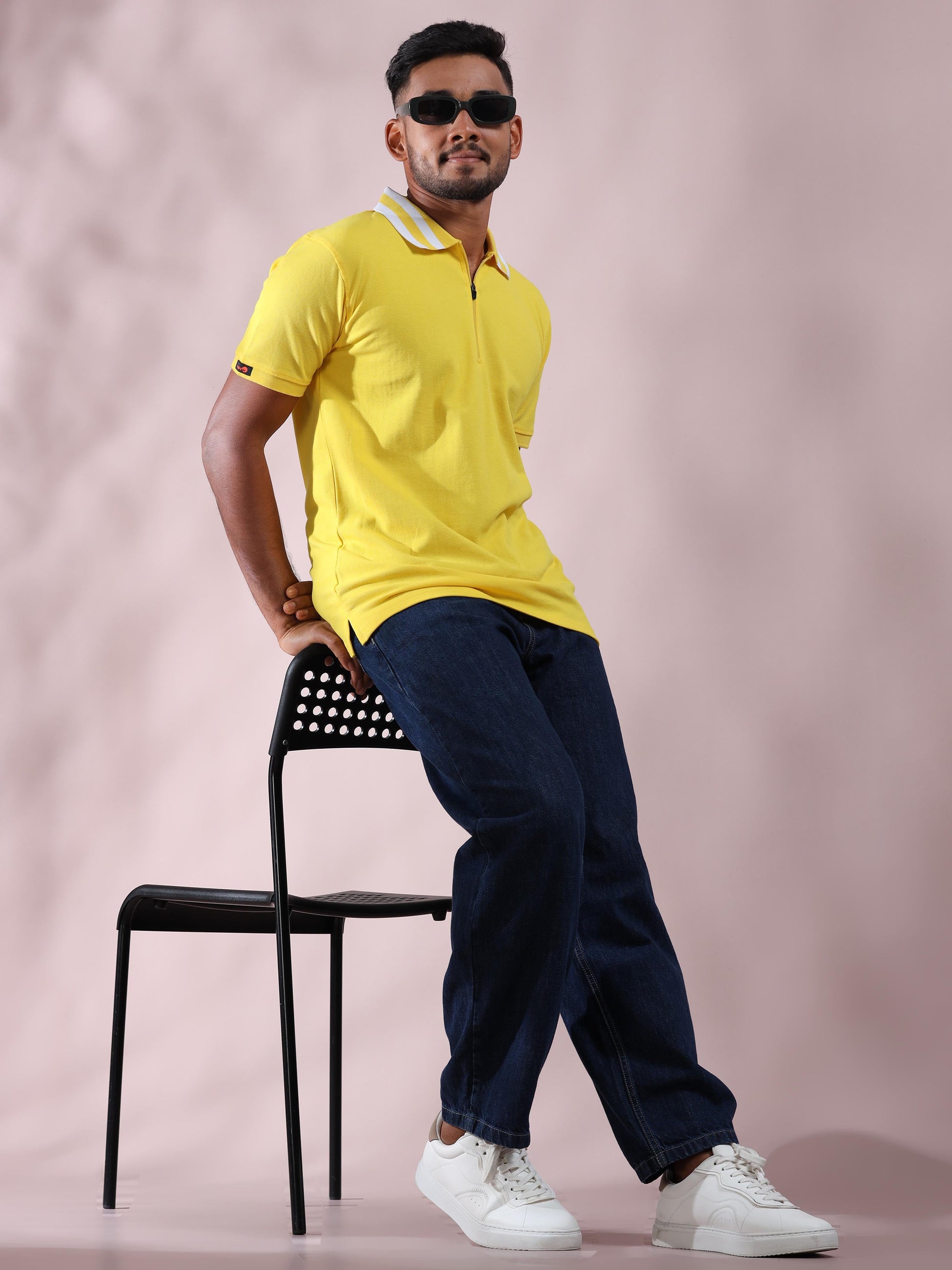 Plus White Striped Collar Mens Cotton T Shirt Yellow