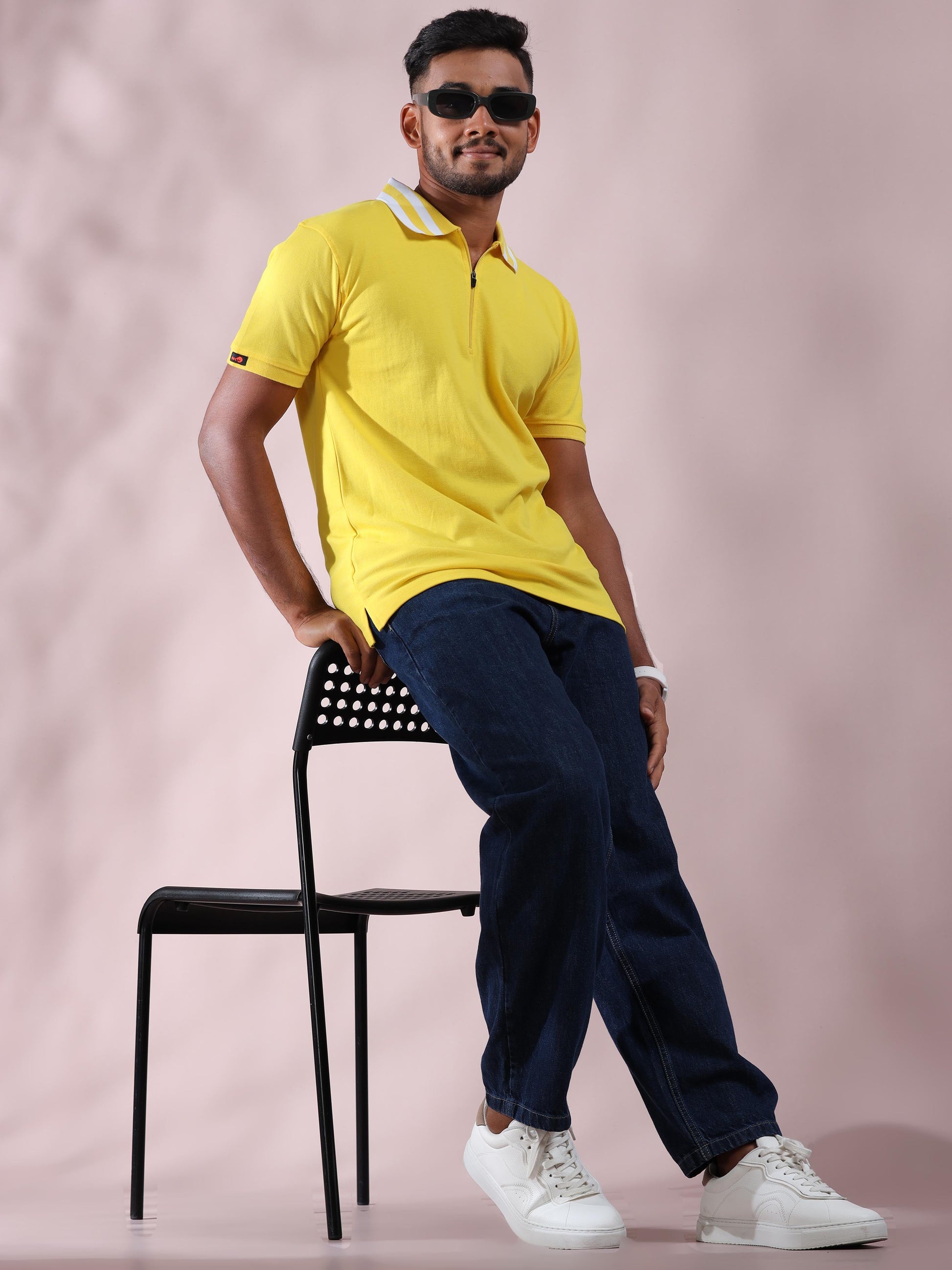 Plus White Striped Collar Mens Cotton T Shirt Yellow