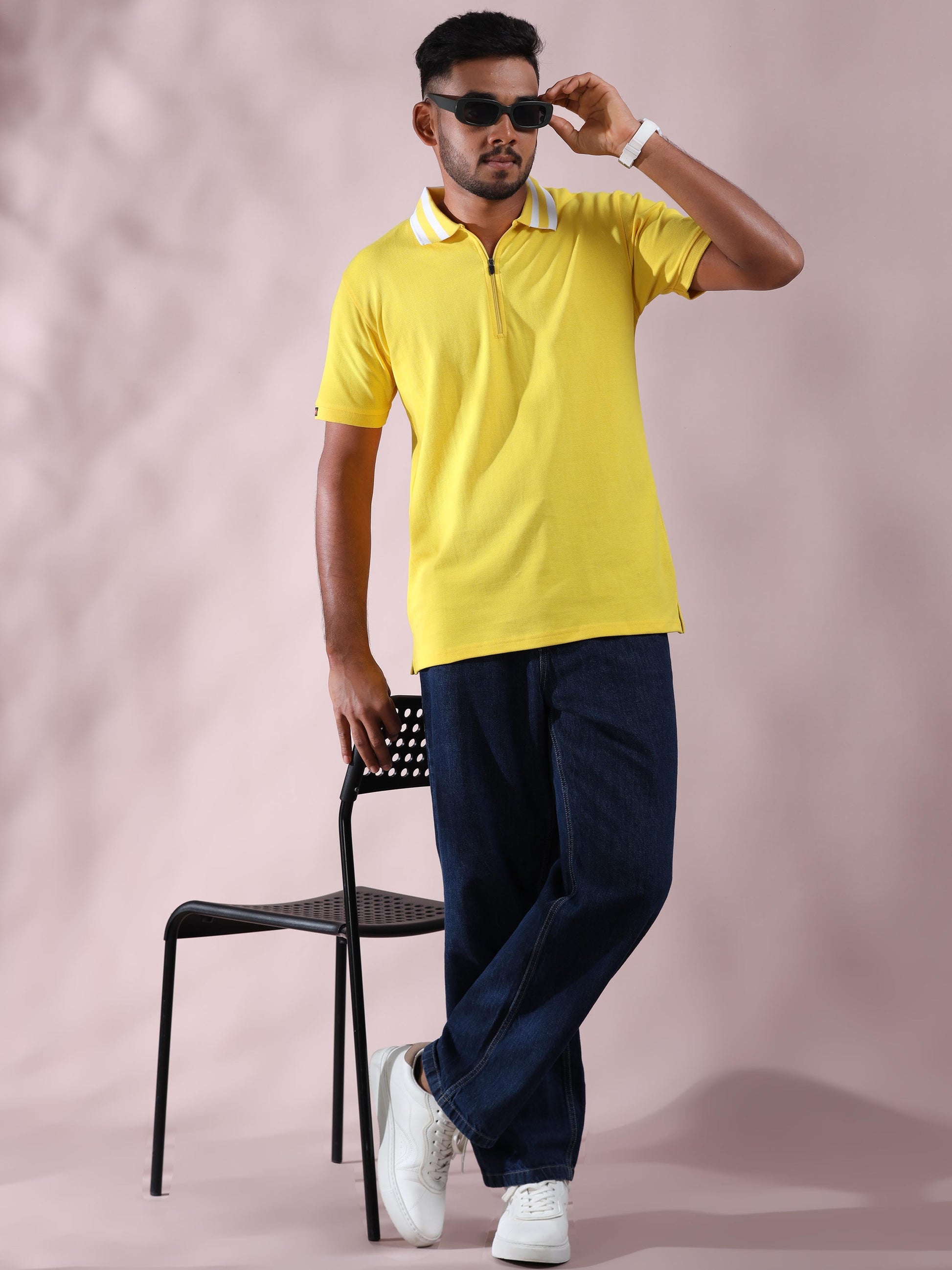 Plus White Striped Collar Mens Cotton T Shirt Yellow