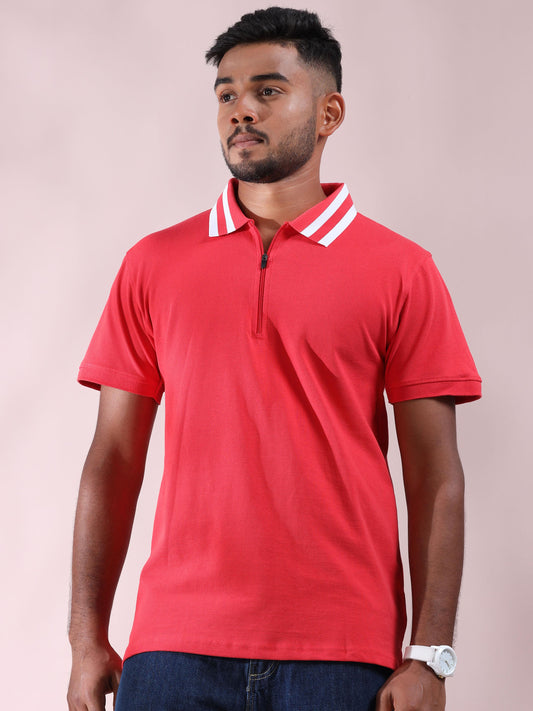 Plus White Striped Collar Pink Cotton T Shirts for Men